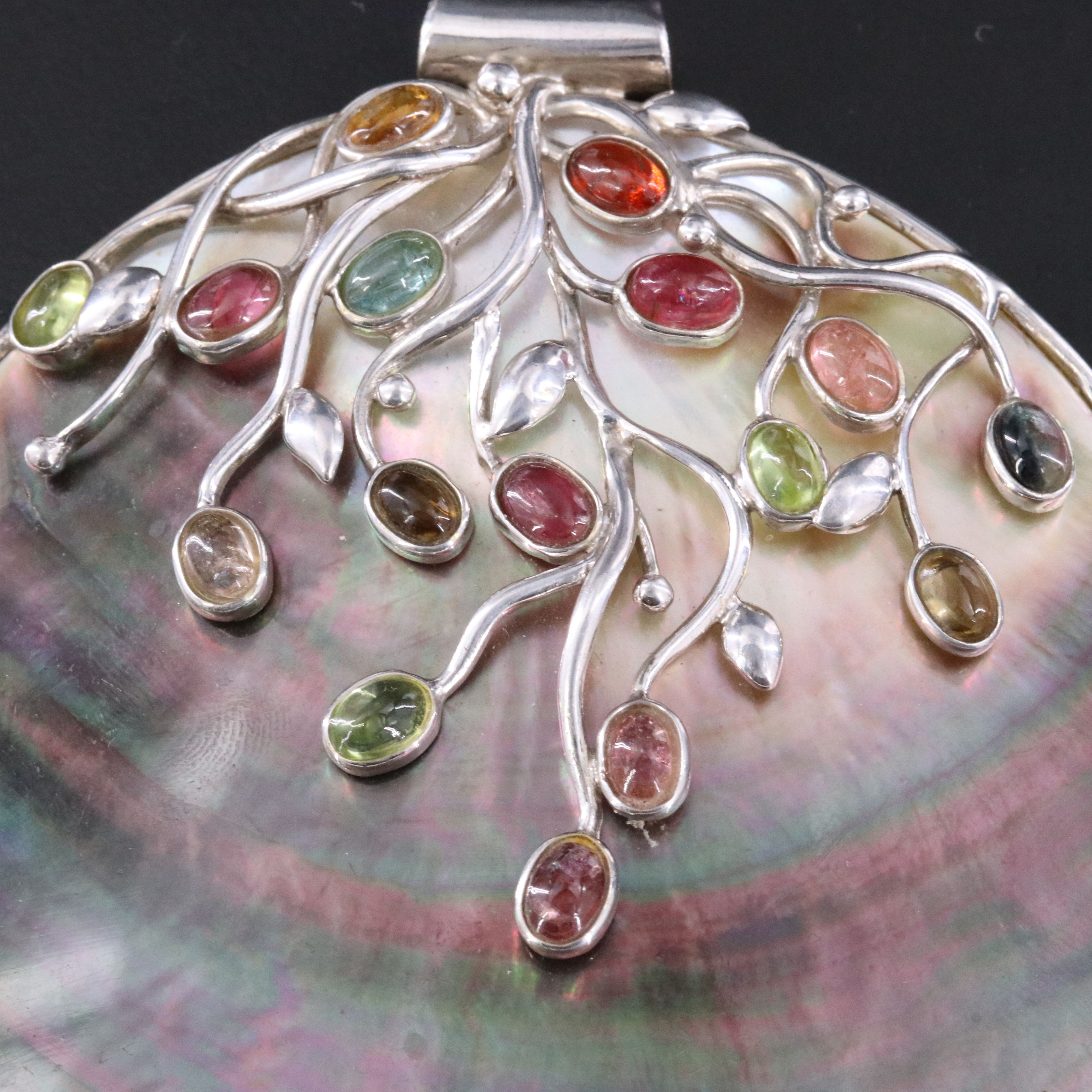 Sterling Mother-of-Pearl and Tourmaline Vine Pendant