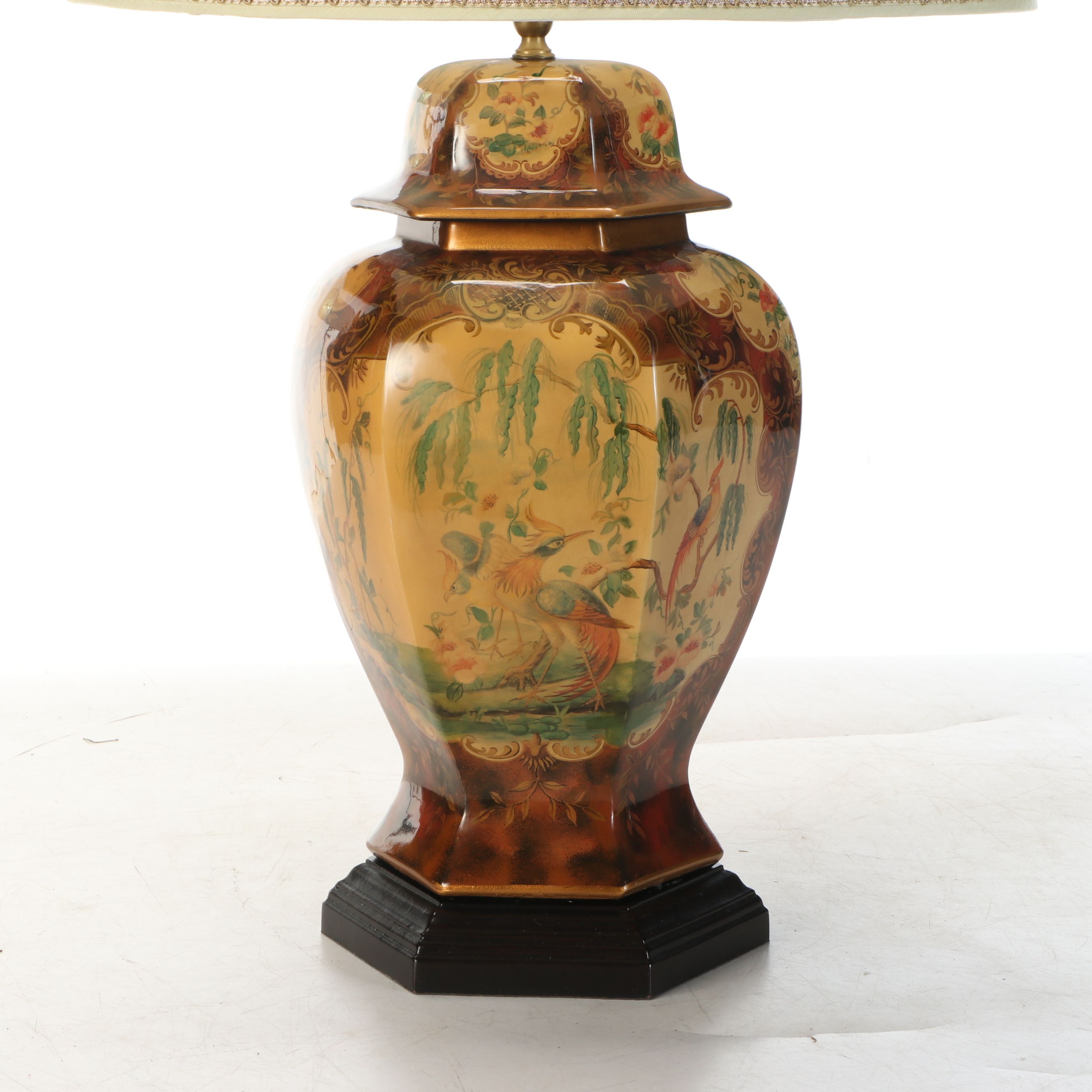 Chinoiserie Panel-Decorated Ginger Jar Table Lamp with Silk Shade