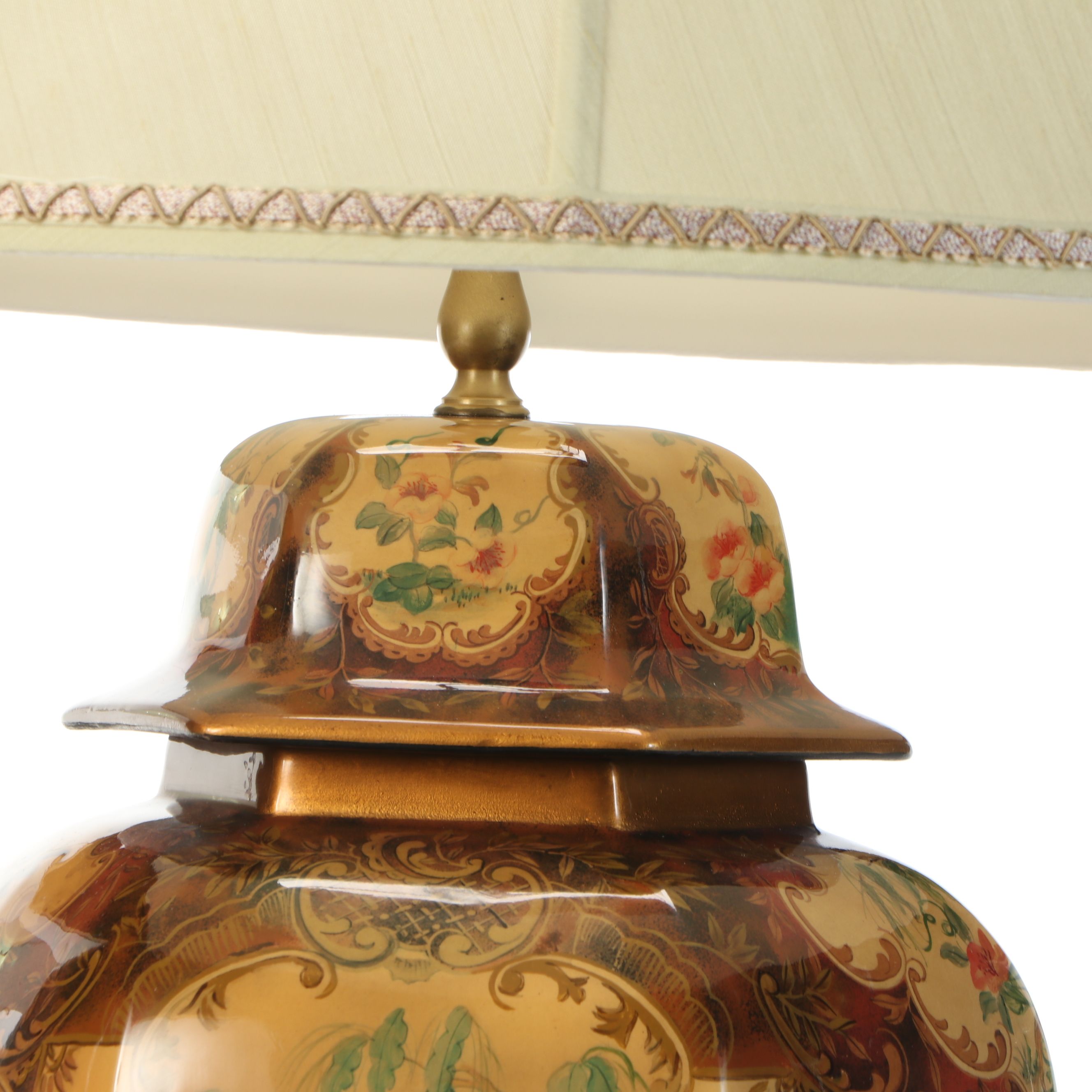 Chinoiserie Panel-Decorated Ginger Jar Table Lamp with Silk Shade