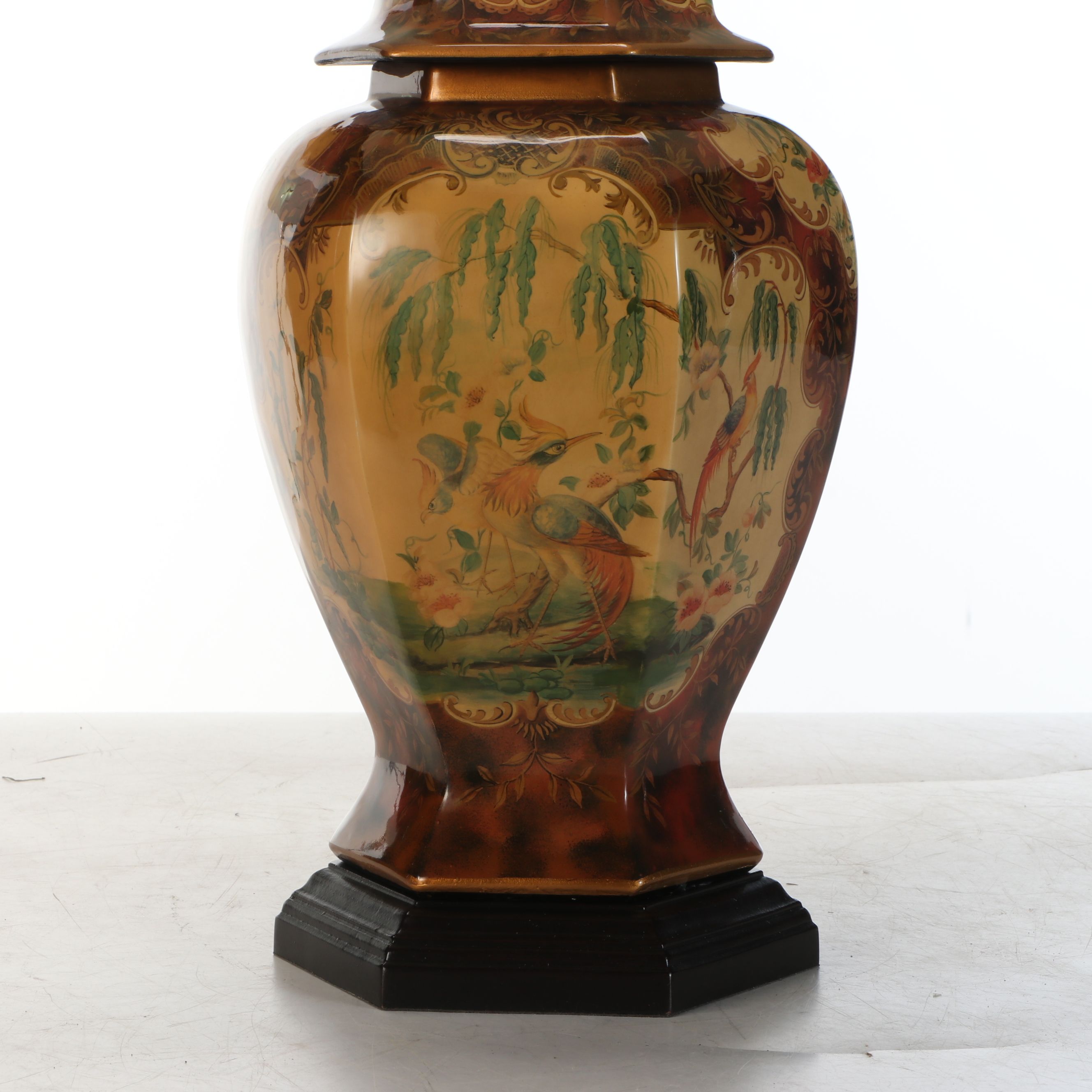 Chinoiserie Panel-Decorated Ginger Jar Table Lamp with Silk Shade