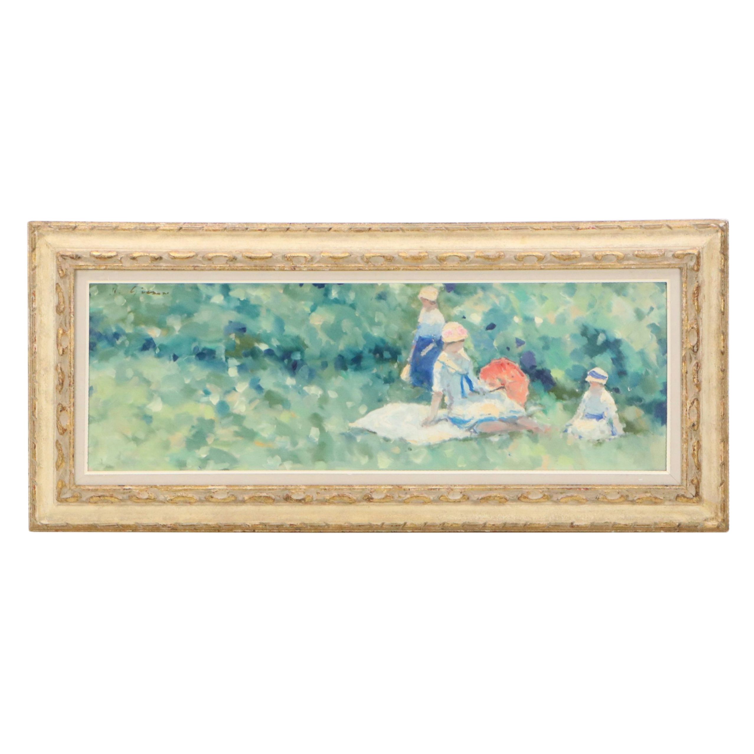 André Gisson Impressionist Style Oil Painting Landscape with Figures