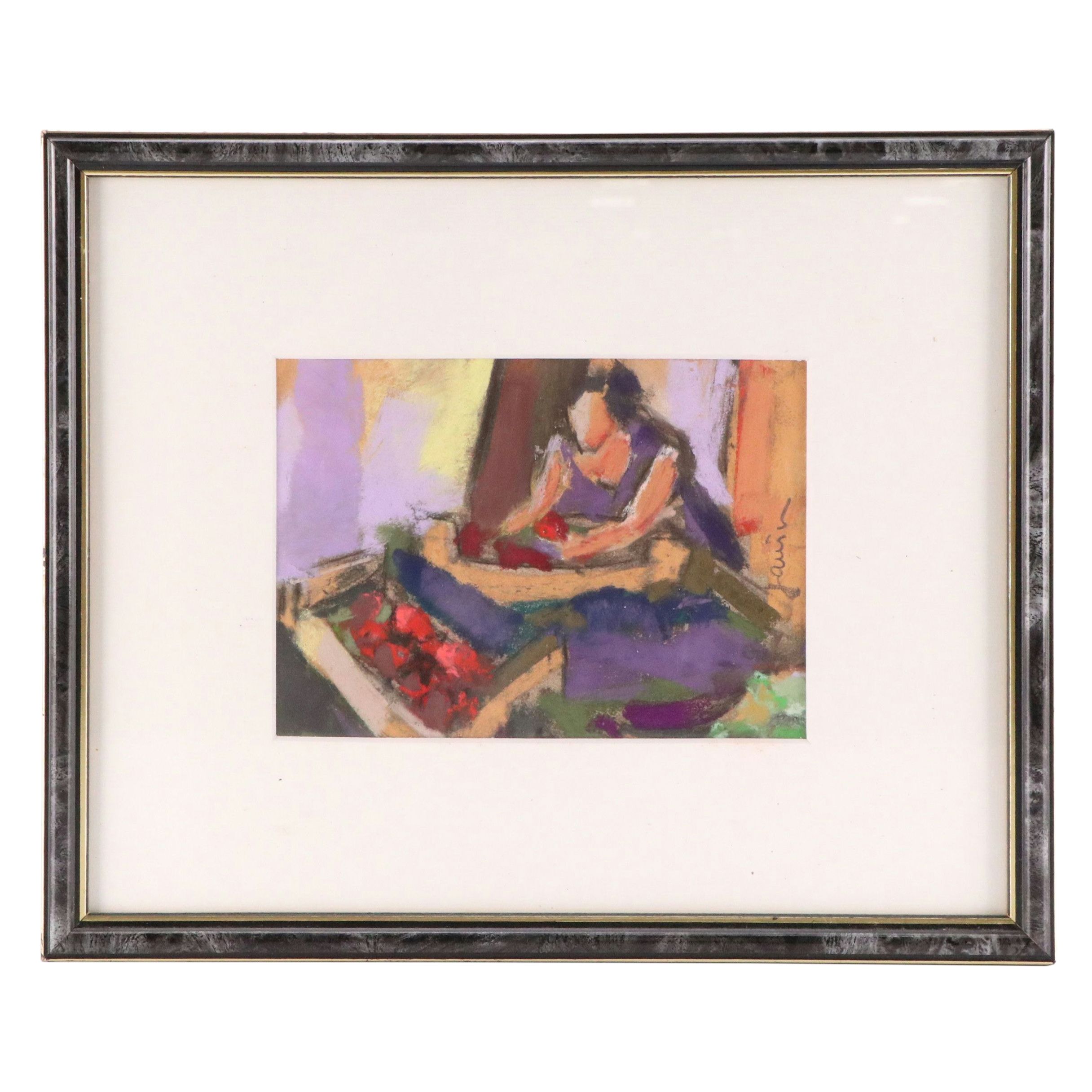 Philippe Janin Oil Pastel Painting "La Marchande (The Merchant)," 21st Century