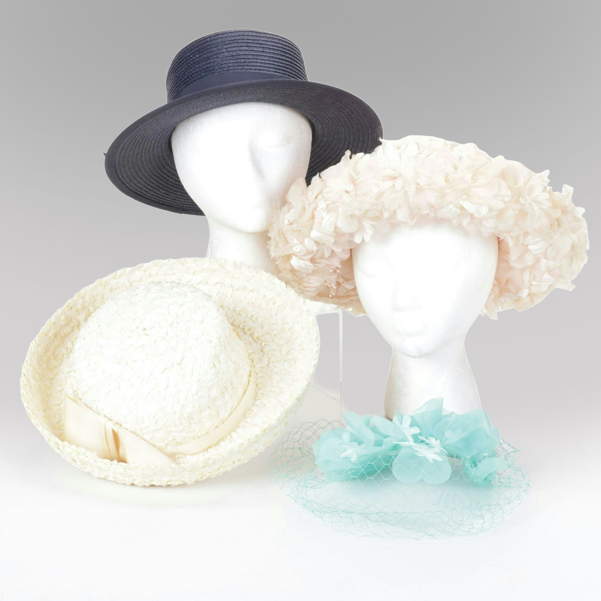 Pink Chiffon Flower Petal Hat with Aqua Fascinator & Straw Brimmed Hats