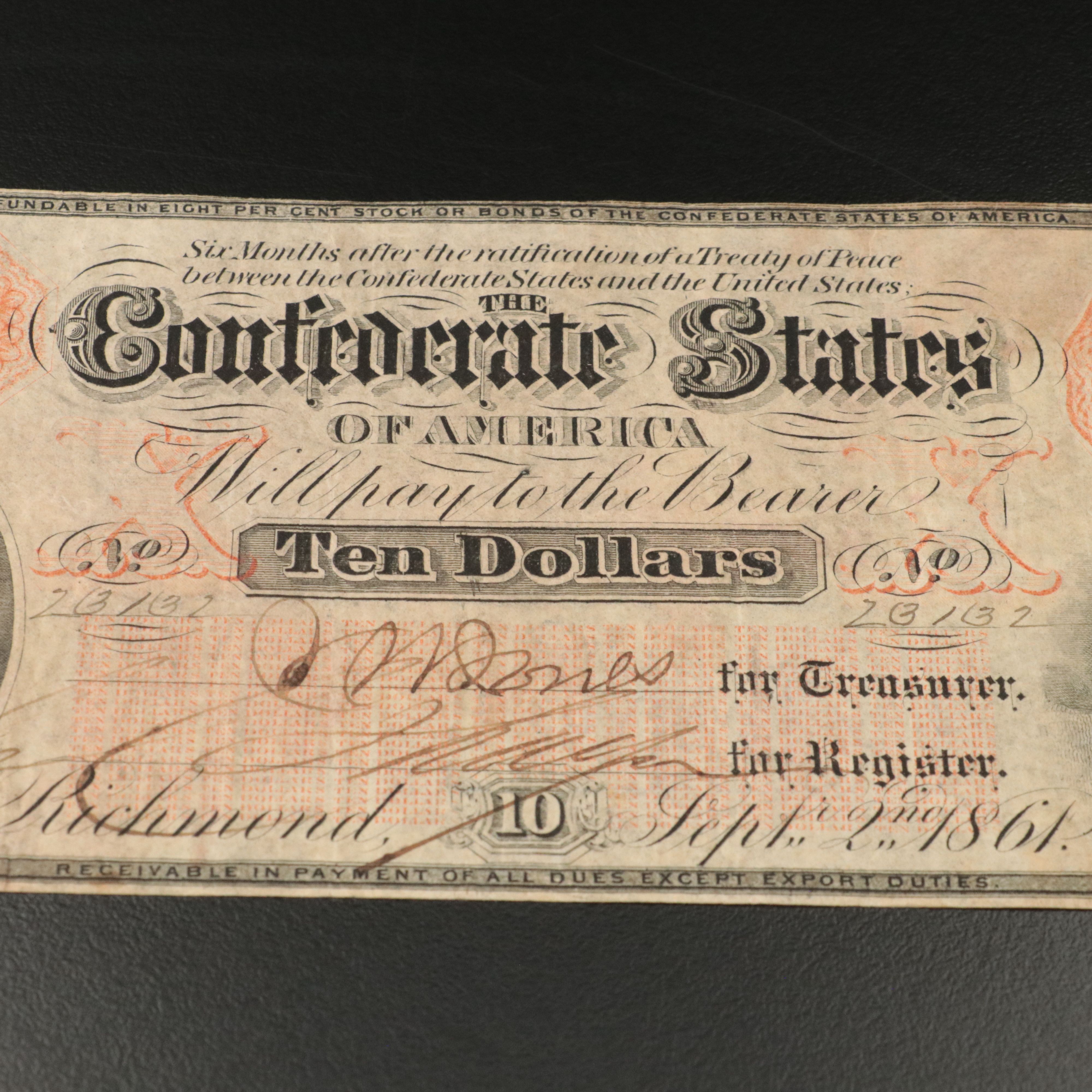 1861 Confederate Ten Dollar Currency Note