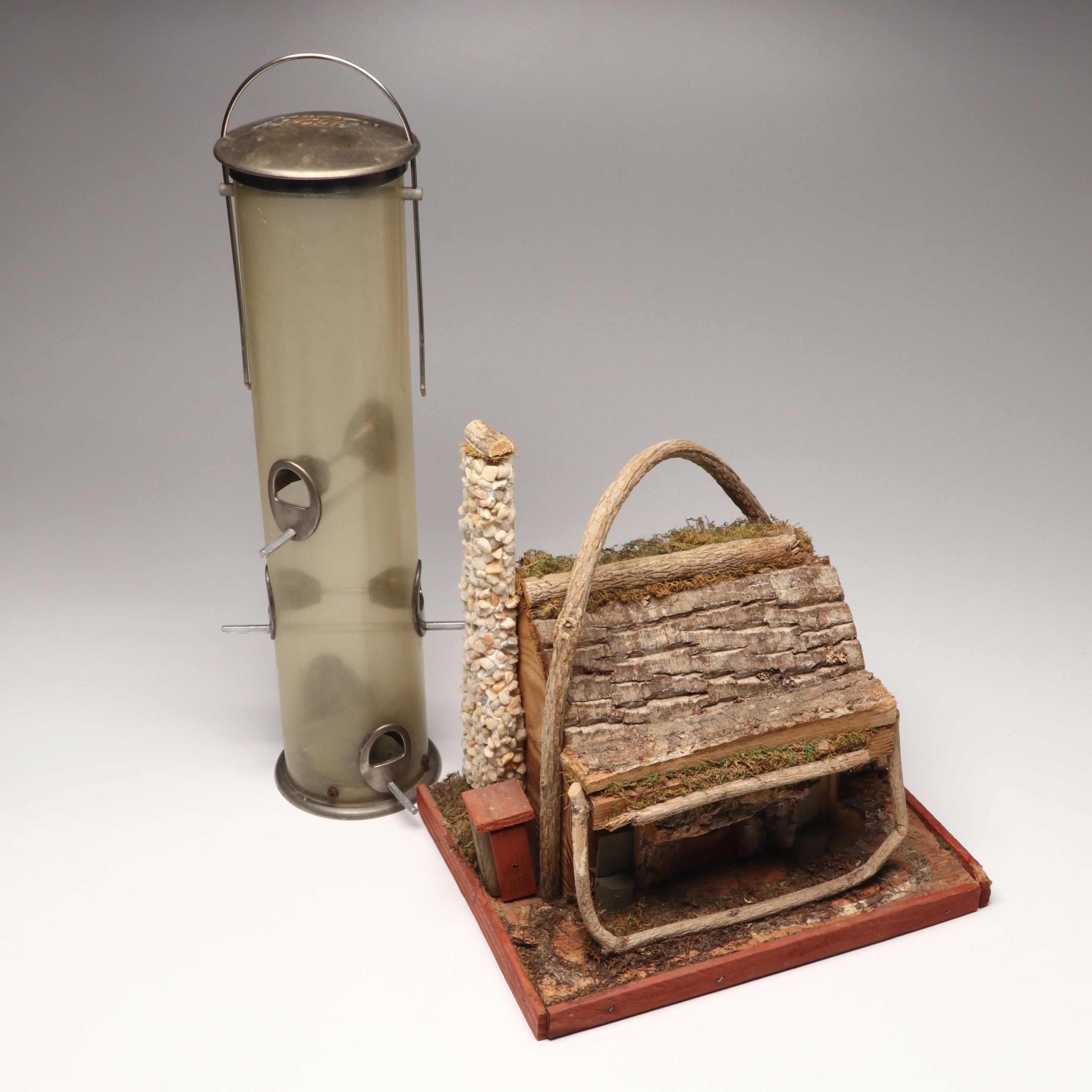 Rustic Handmade Wood Birdhouse with Aspects Metal and Plastic Bird Feeder