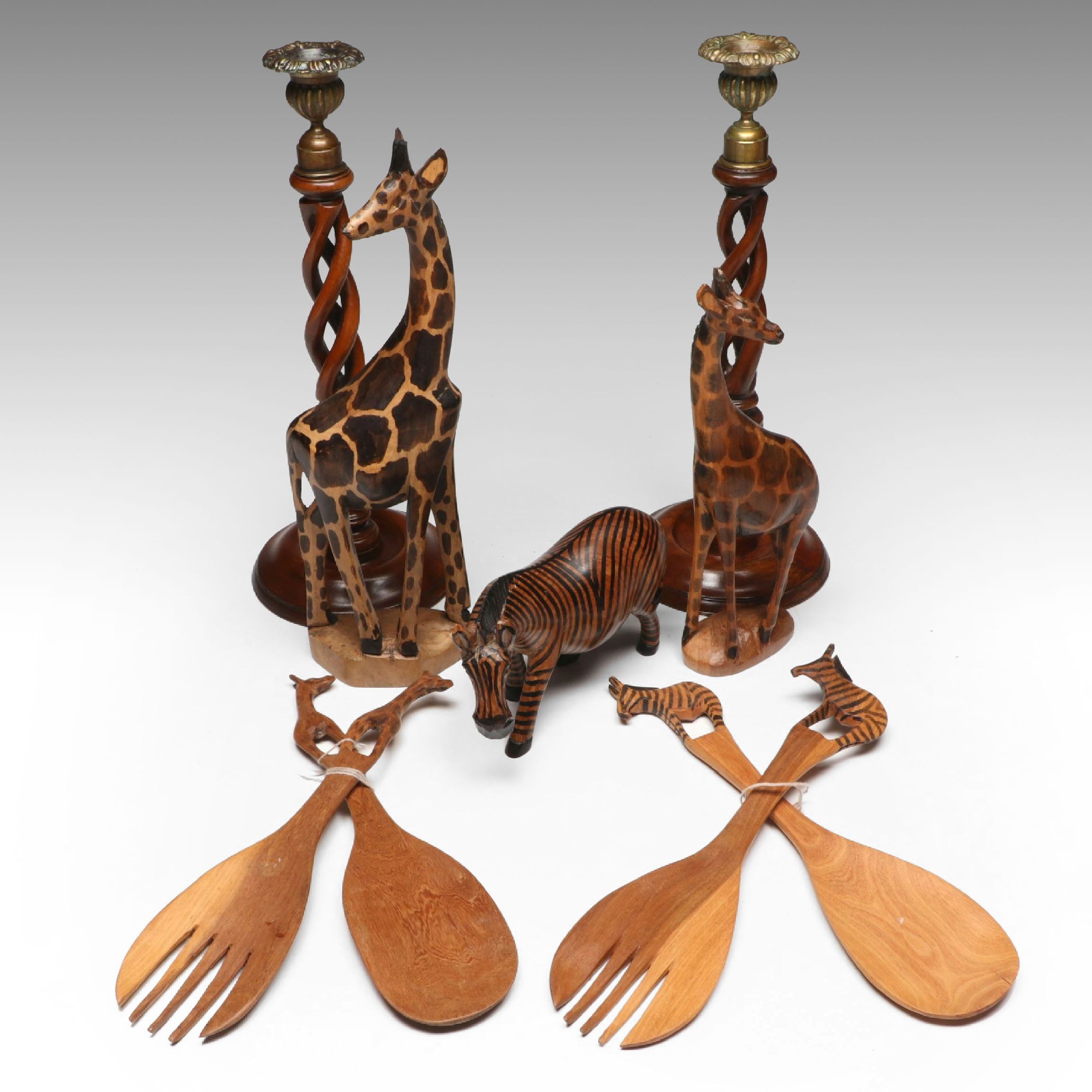 Hand-Carved Kenyan Animal Figurines with Wood and Brass Candleholders and More