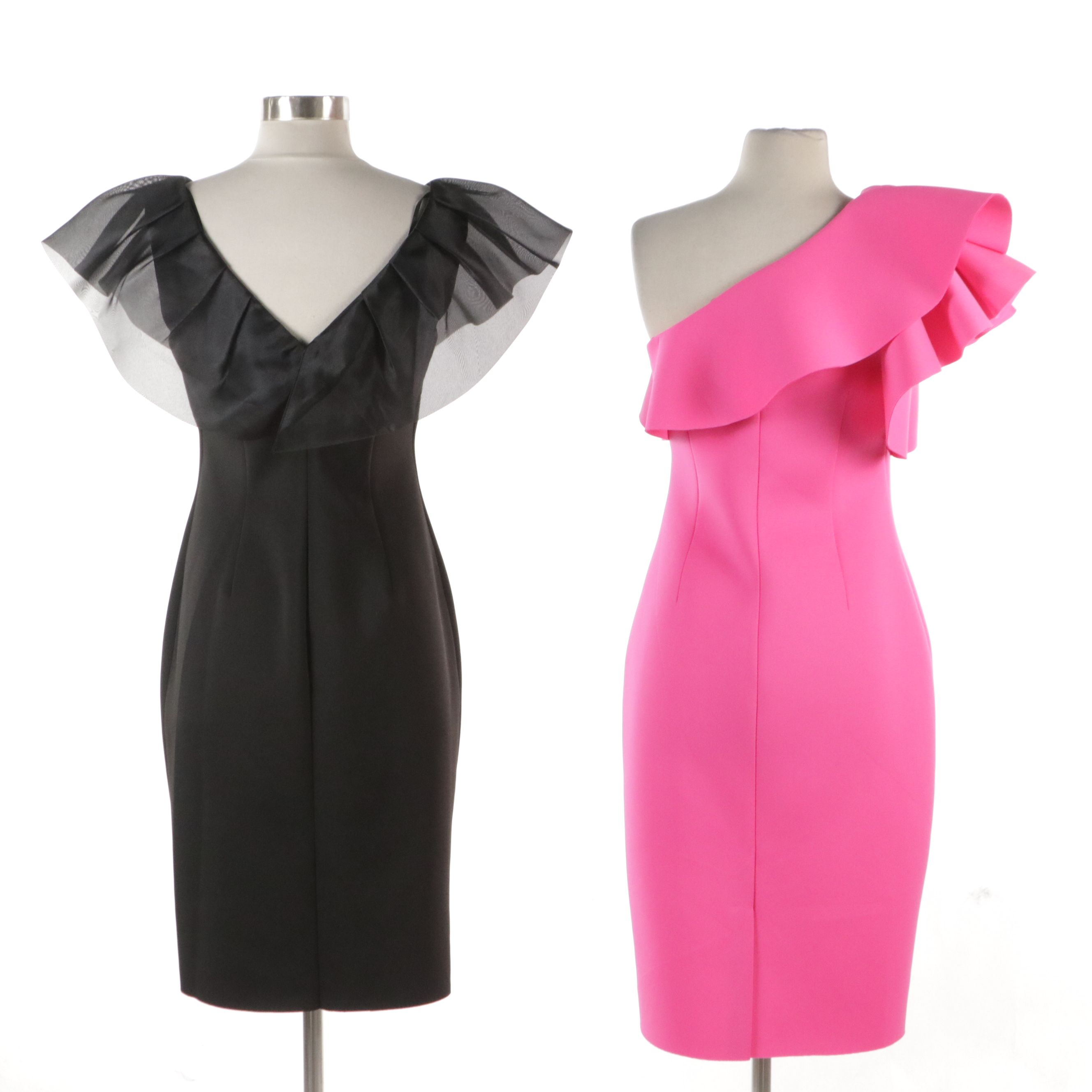 Eliza J Hot Pink & Black Neoprene Bodycon Dresses with Ruffled Details