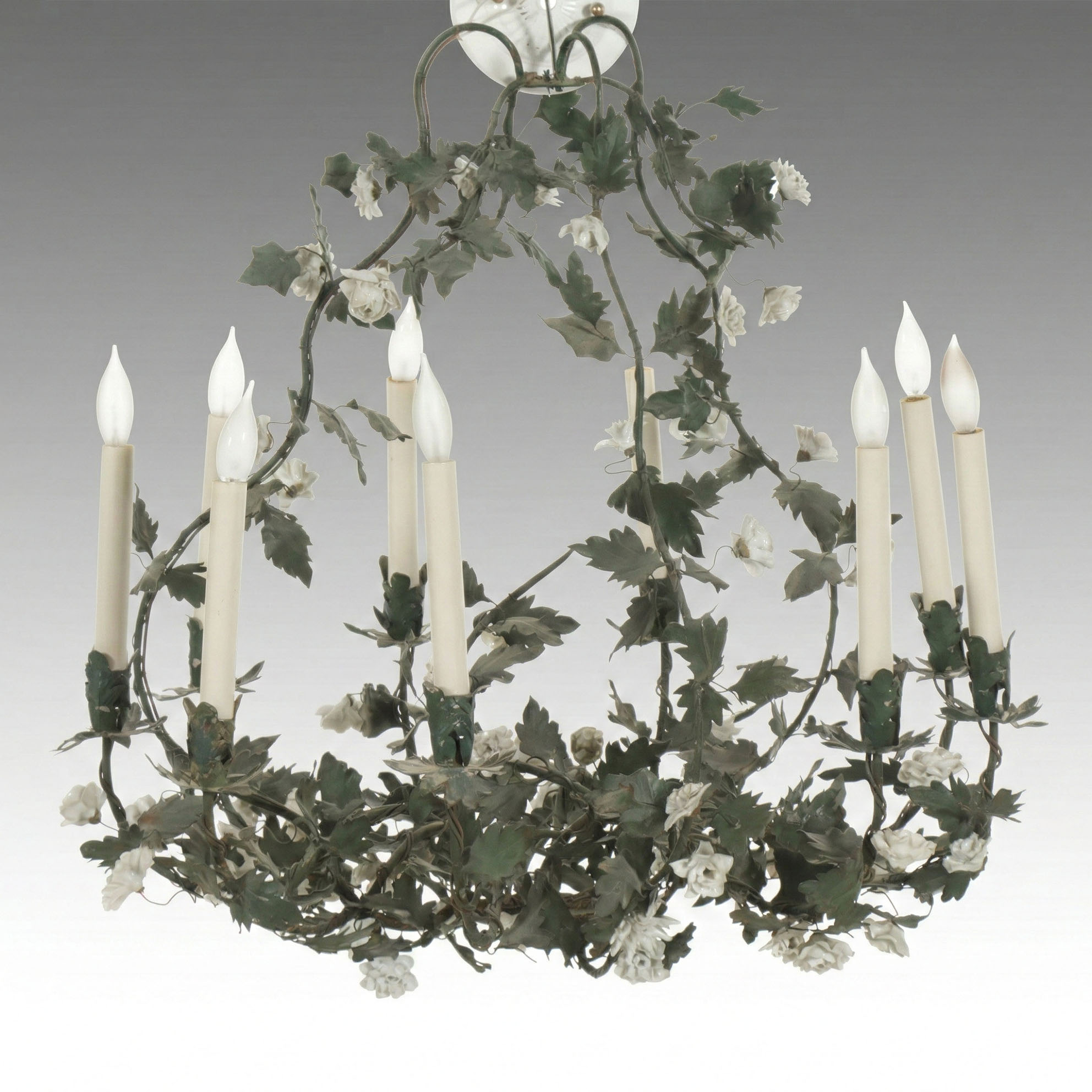 Louis XVI Style Chandelier with Metal Foliage and Porcelain Flowers