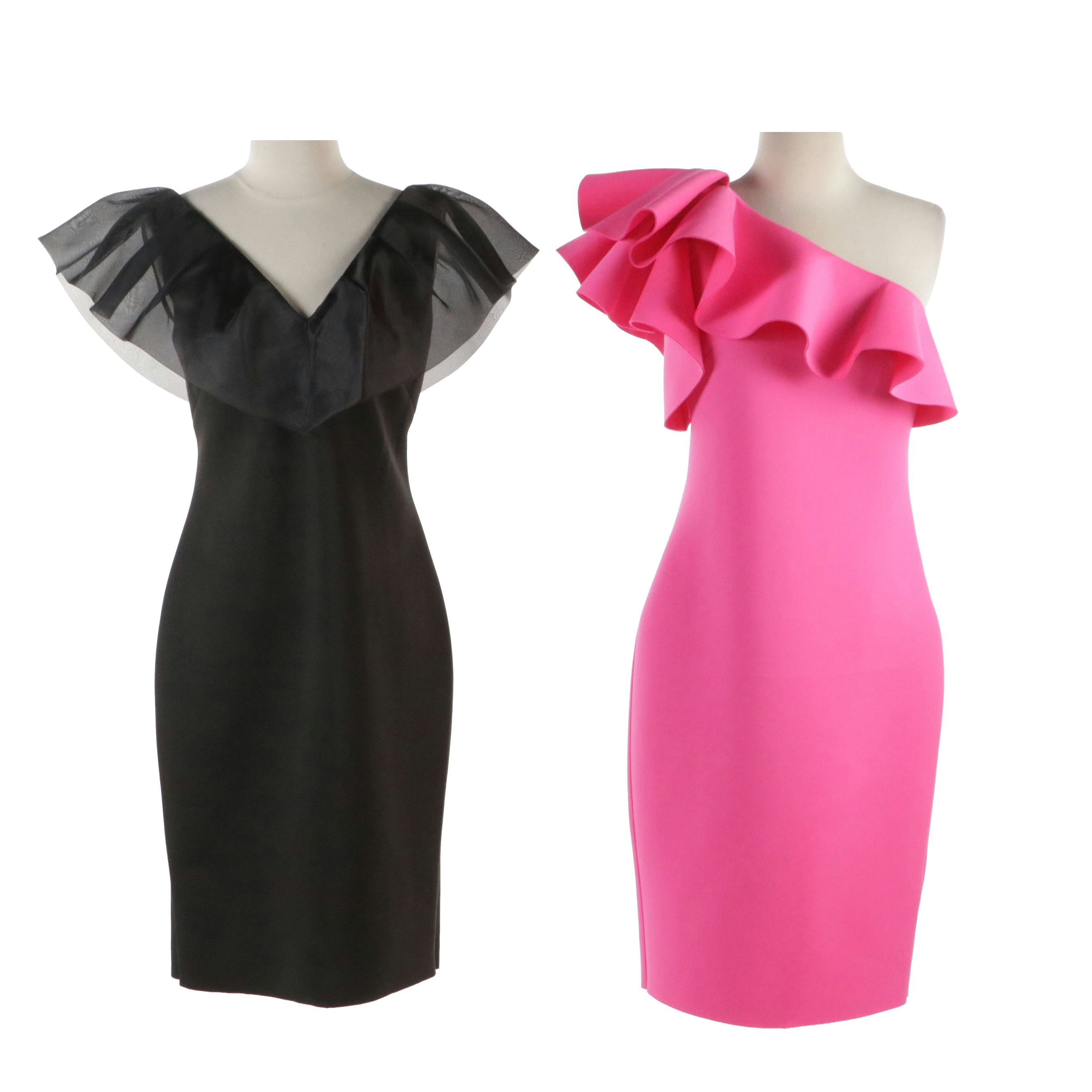Eliza J Hot Pink & Black Neoprene Bodycon Dresses with Ruffled Details