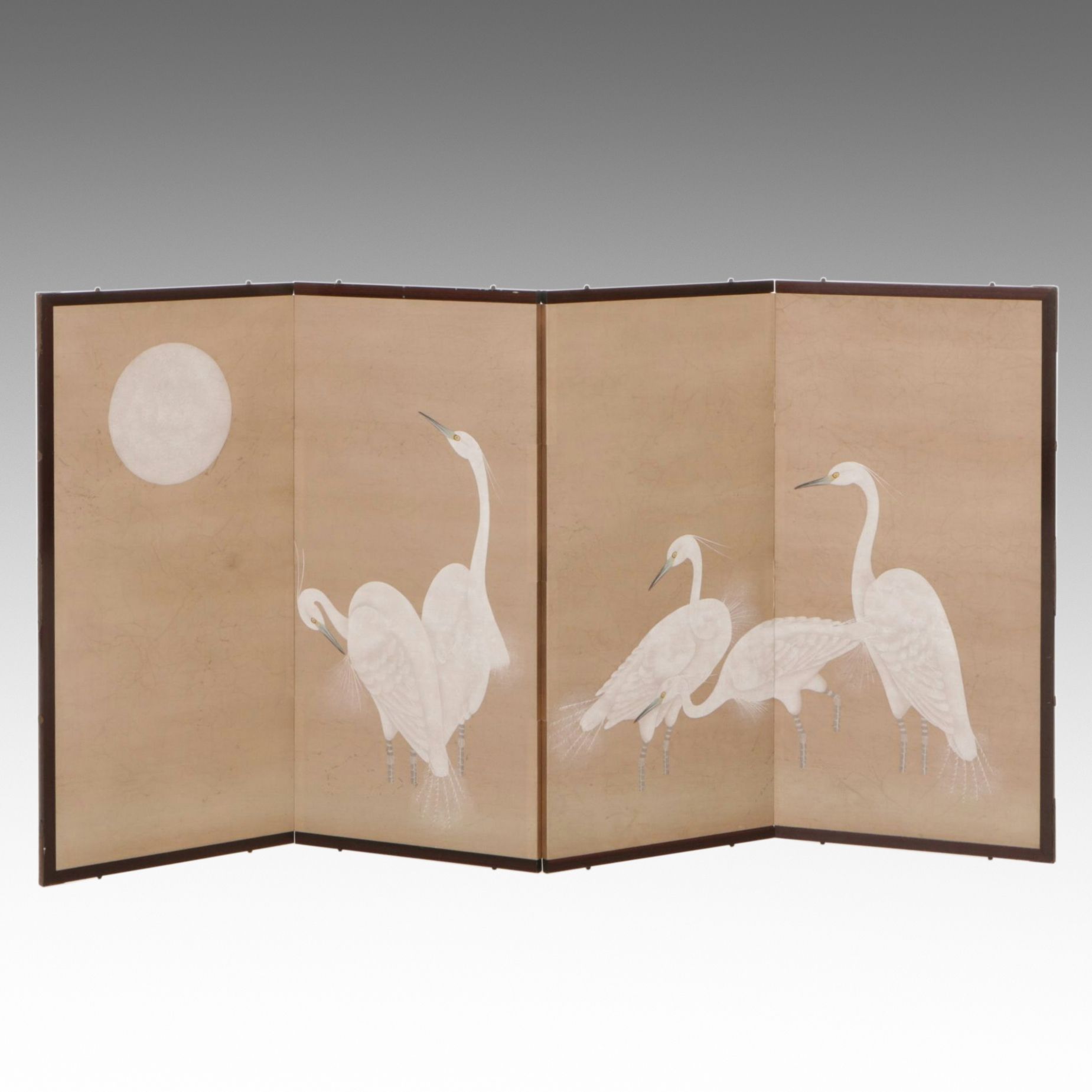 Four Panel Byobu Screen with Crane and Moon Motifs