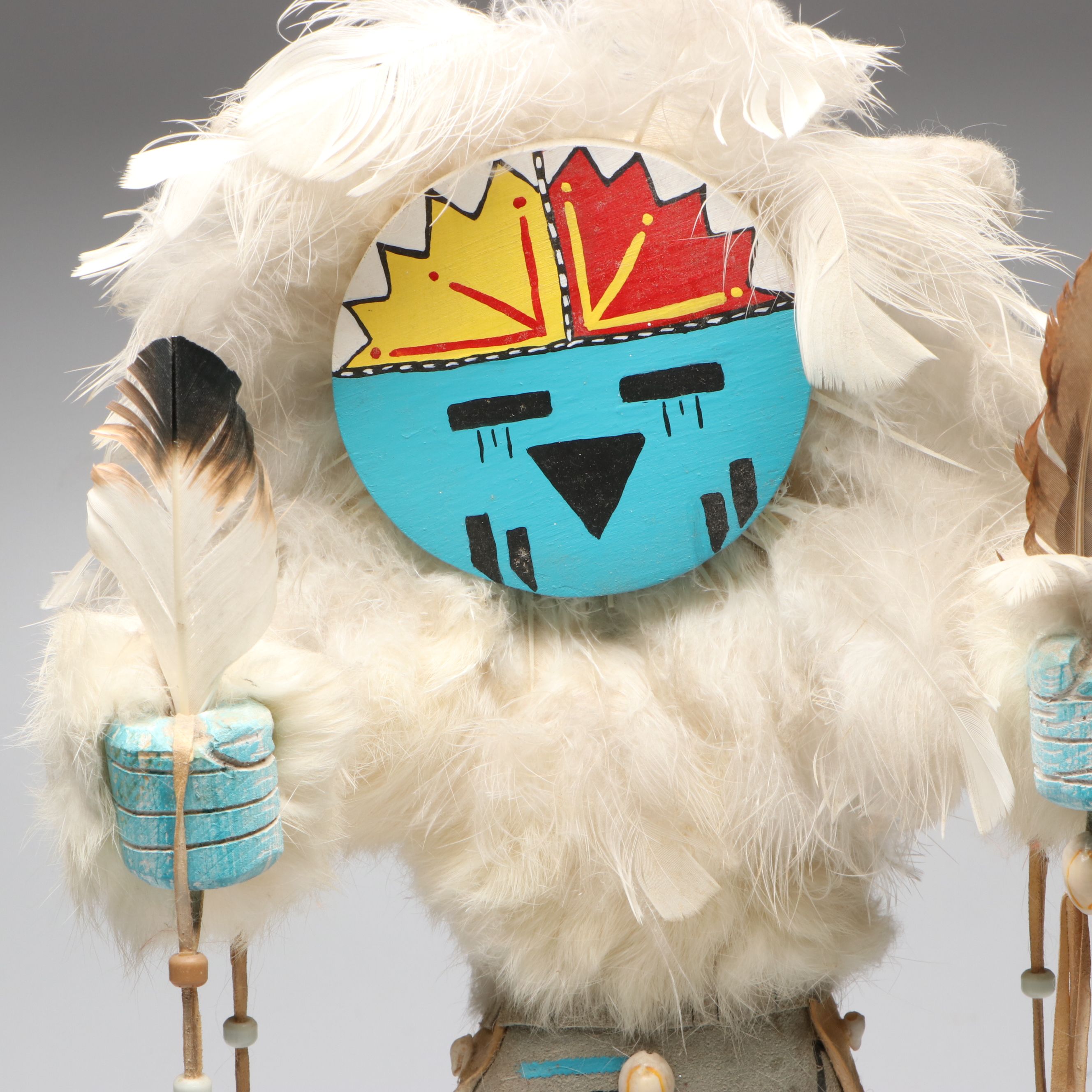 F. Peralto "Sunface" Tawa Cottonwood Kachina Doll with Rabbit Fur and Feathers