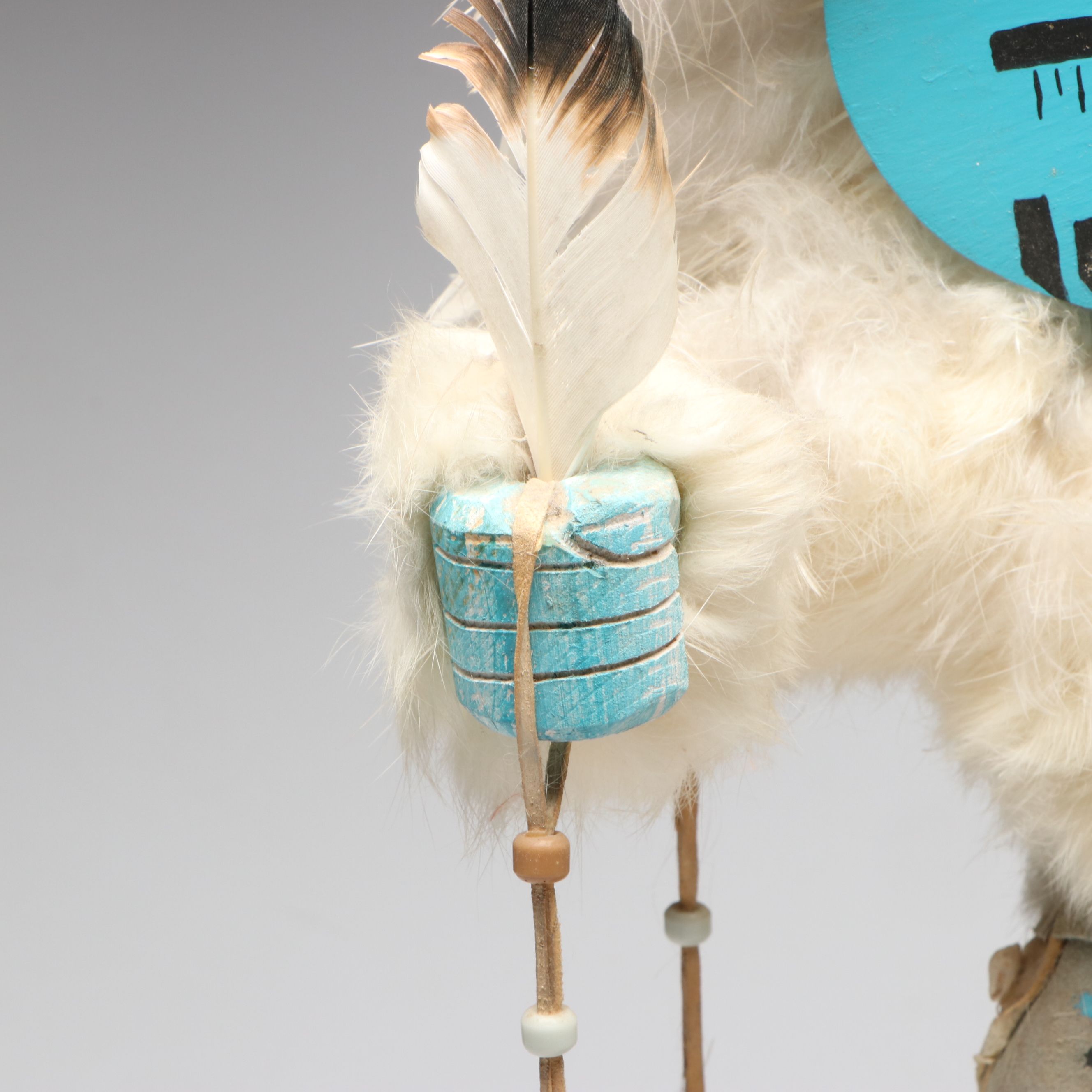 F. Peralto "Sunface" Tawa Cottonwood Kachina Doll with Rabbit Fur and Feathers