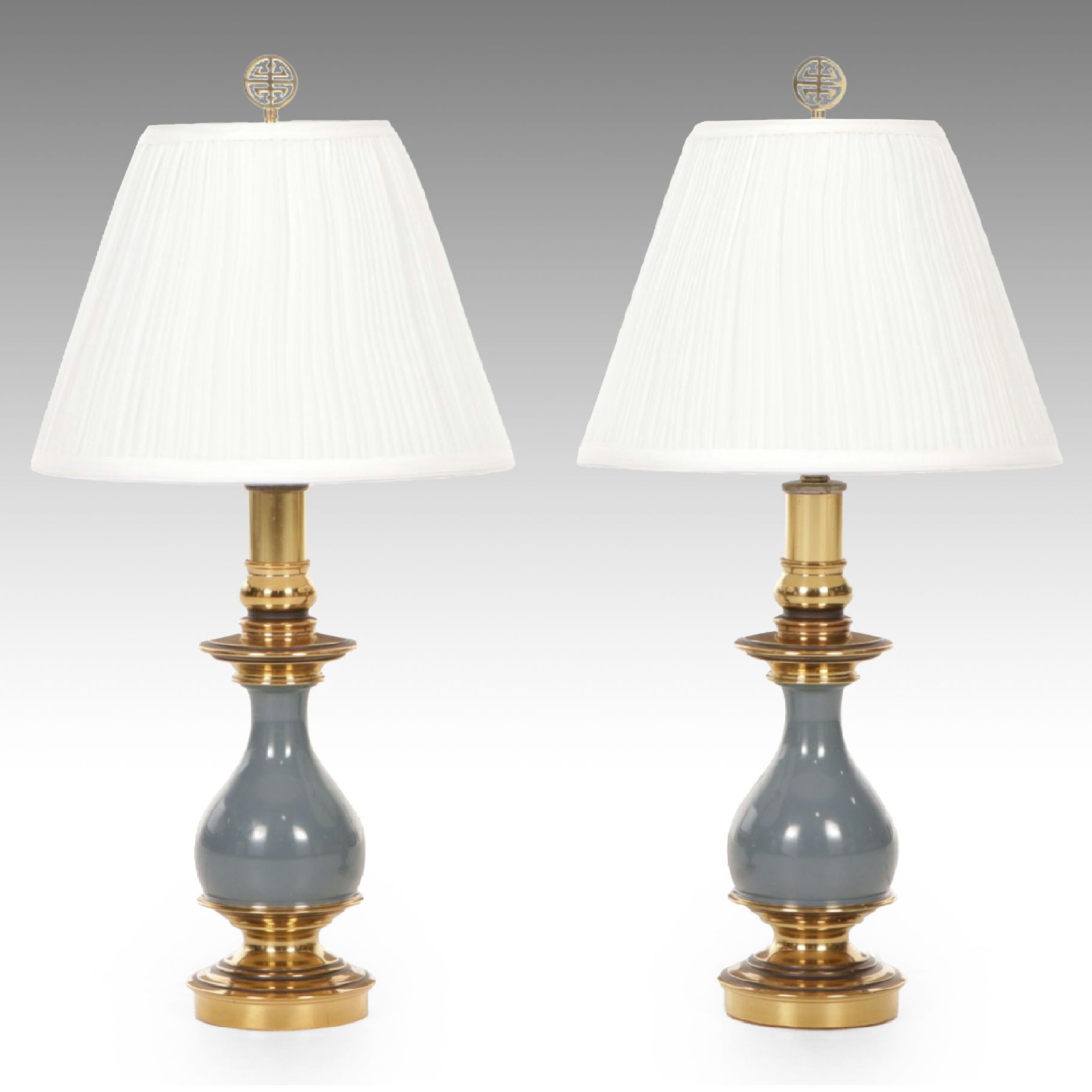Stiffel Style Ceramic and Brass Table Lamps with Shirred Silk Shades