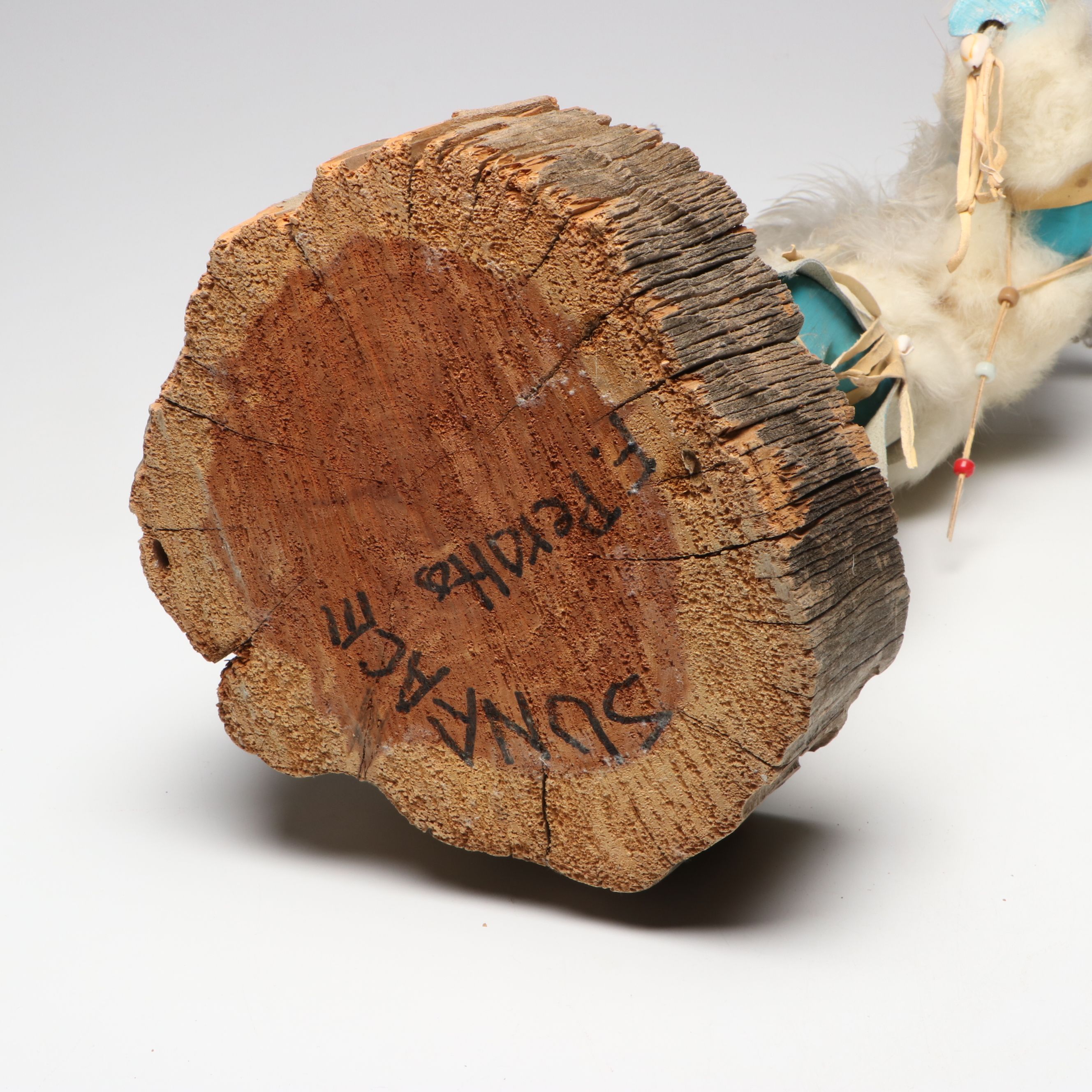 F. Peralto "Sunface" Tawa Cottonwood Kachina Doll with Rabbit Fur and Feathers