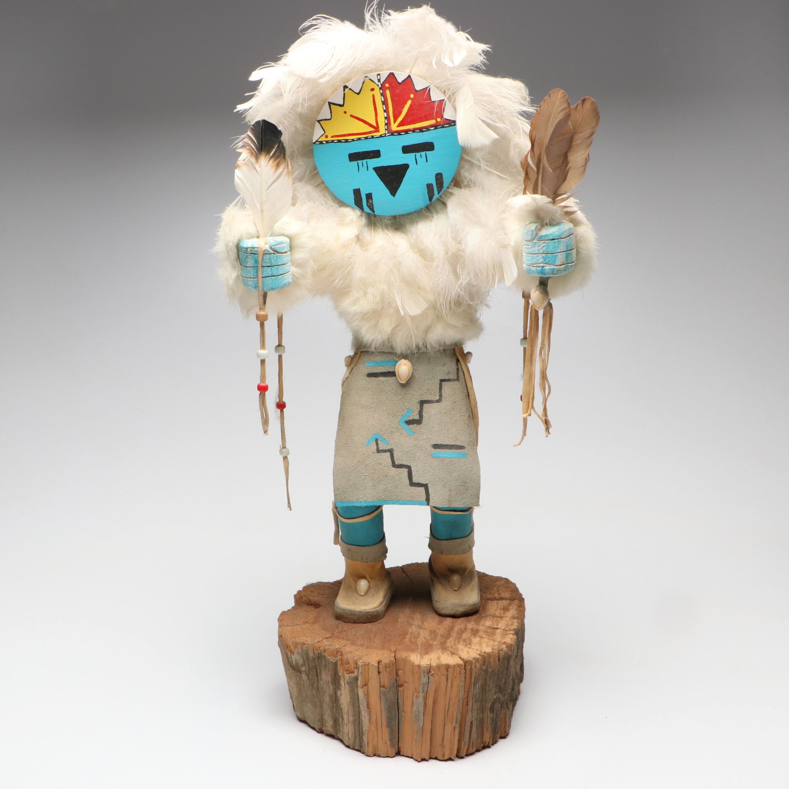 F. Peralto "Sunface" Tawa Cottonwood Kachina Doll with Rabbit Fur and Feathers