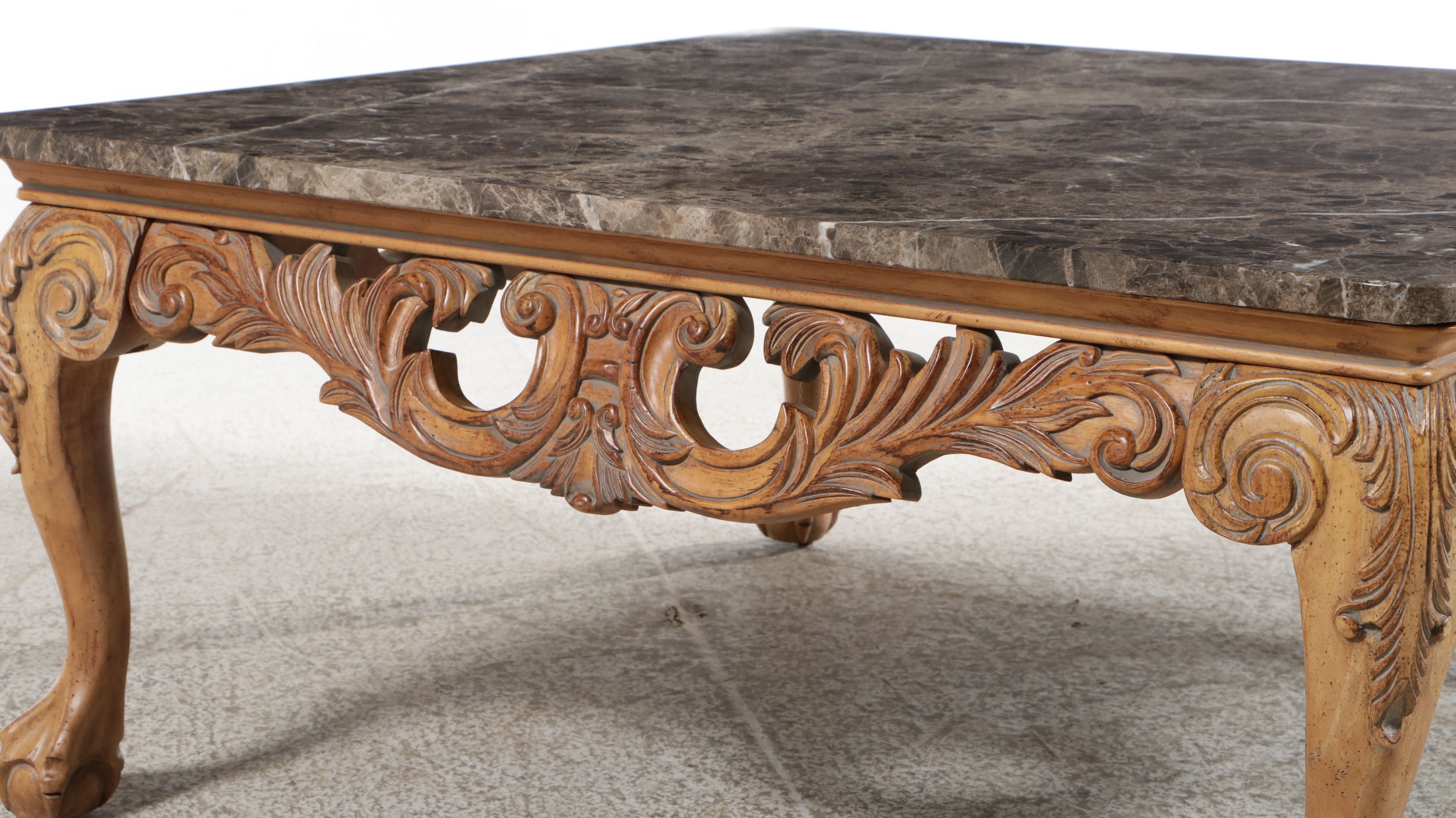 Rococo Revival Style Carved Wood Coffee Table with Inset Marble Top