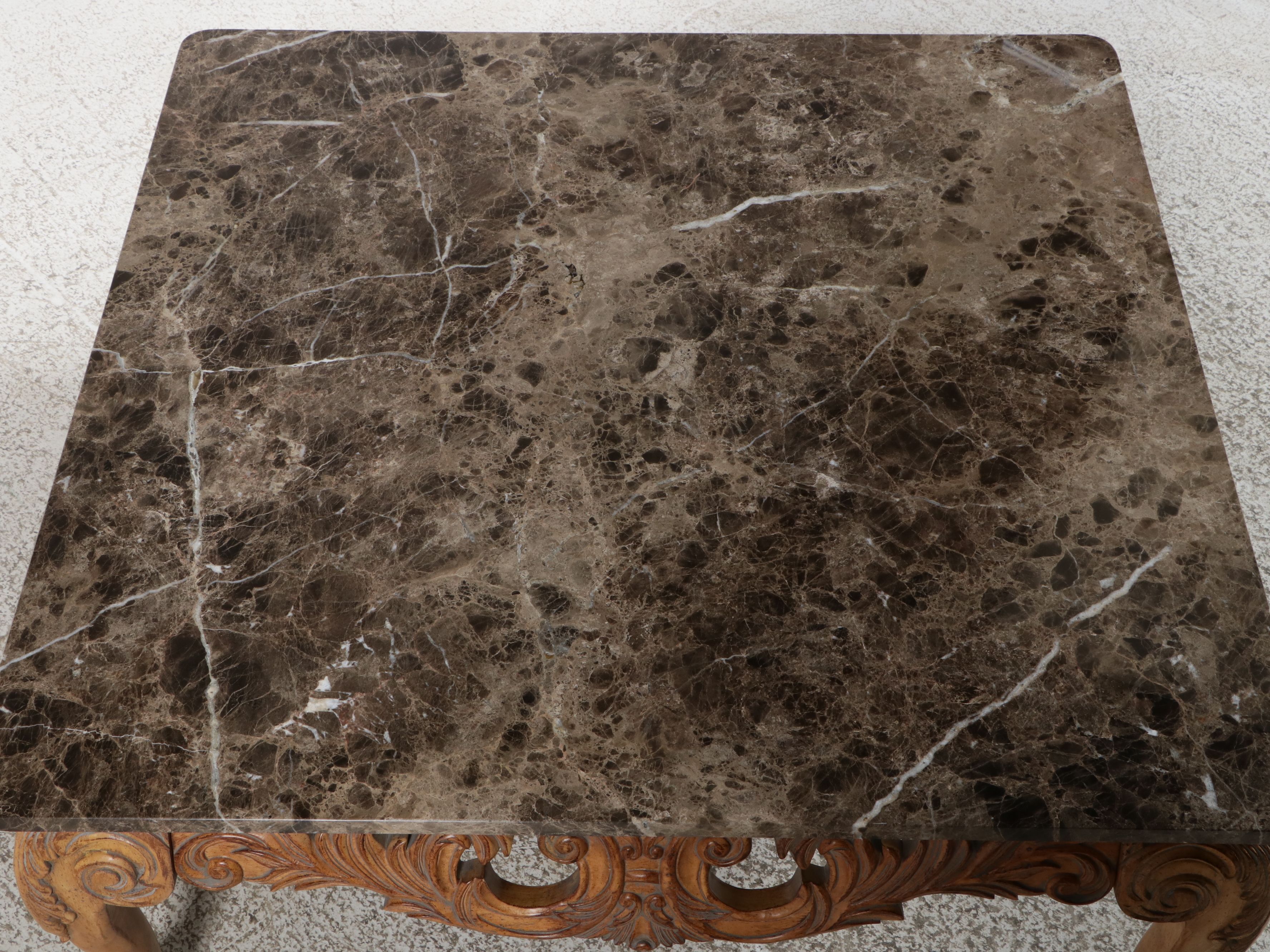 Rococo Revival Style Carved Wood Coffee Table with Inset Marble Top