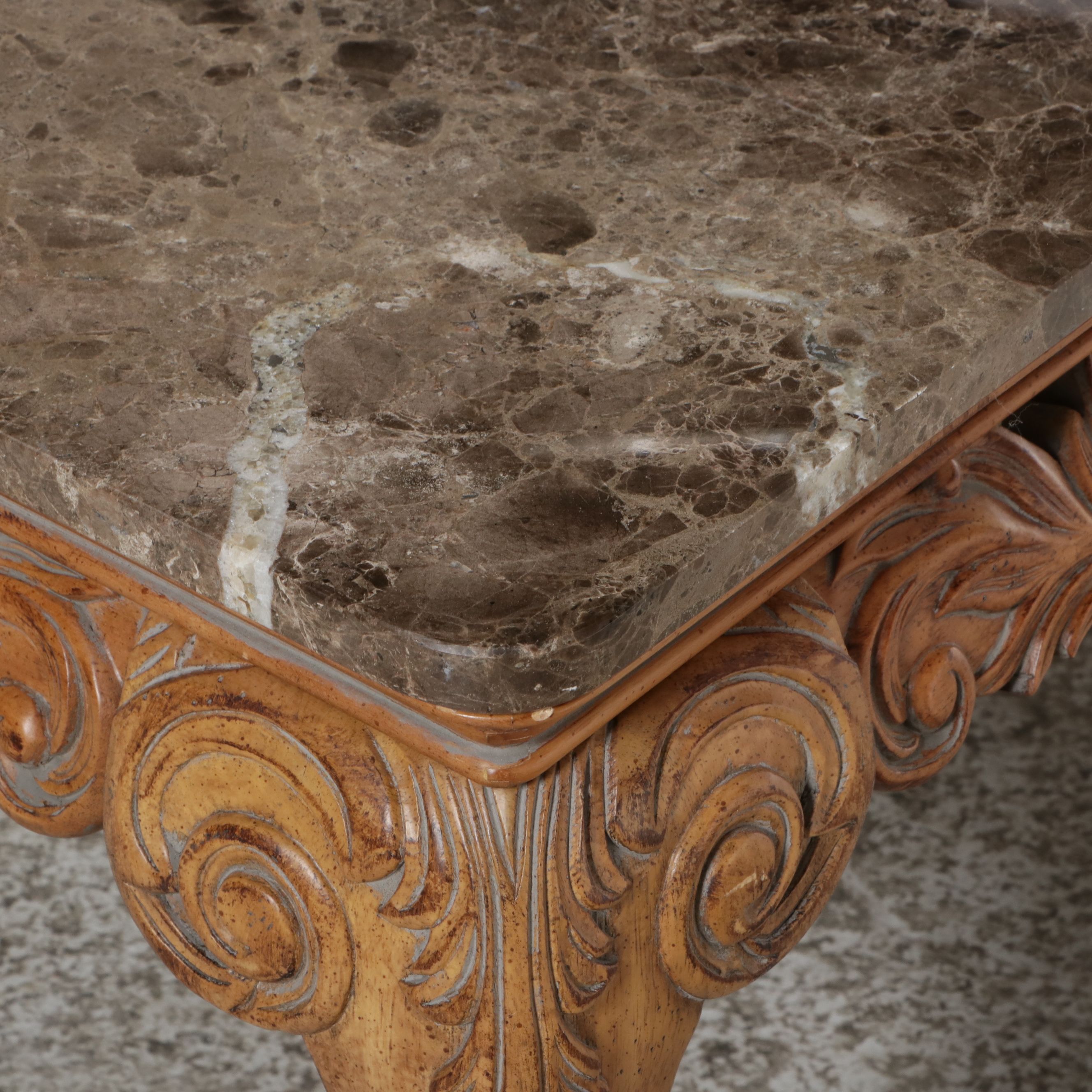 Rococo Revival Style Carved Wood Coffee Table with Inset Marble Top
