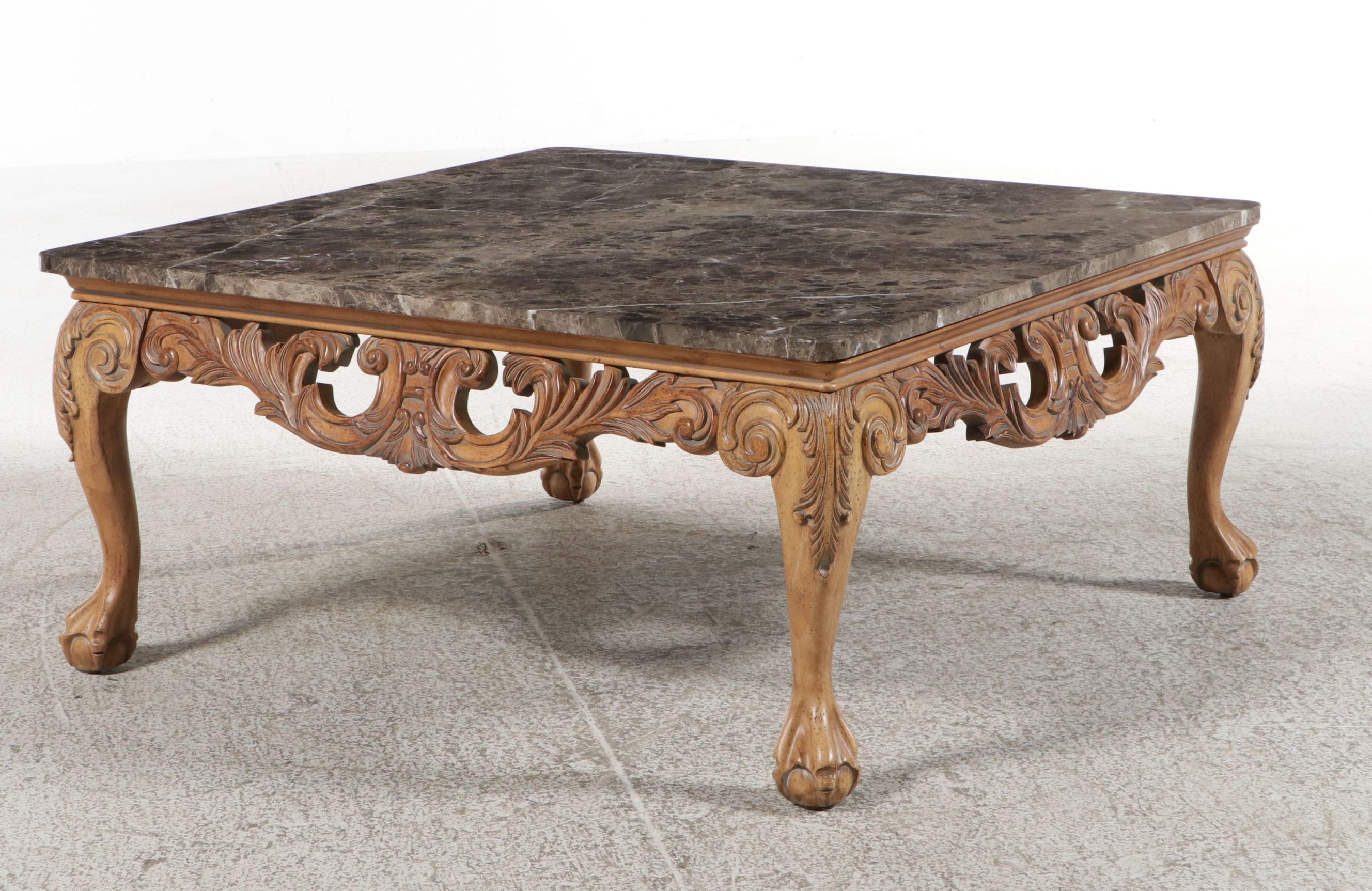 Rococo Revival Style Carved Wood Coffee Table with Inset Marble Top