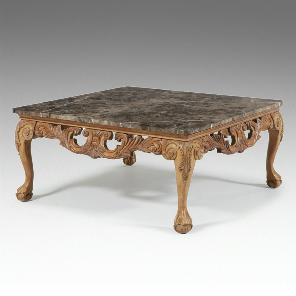 Rococo Revival Style Carved Wood Coffee Table with Inset Marble Top