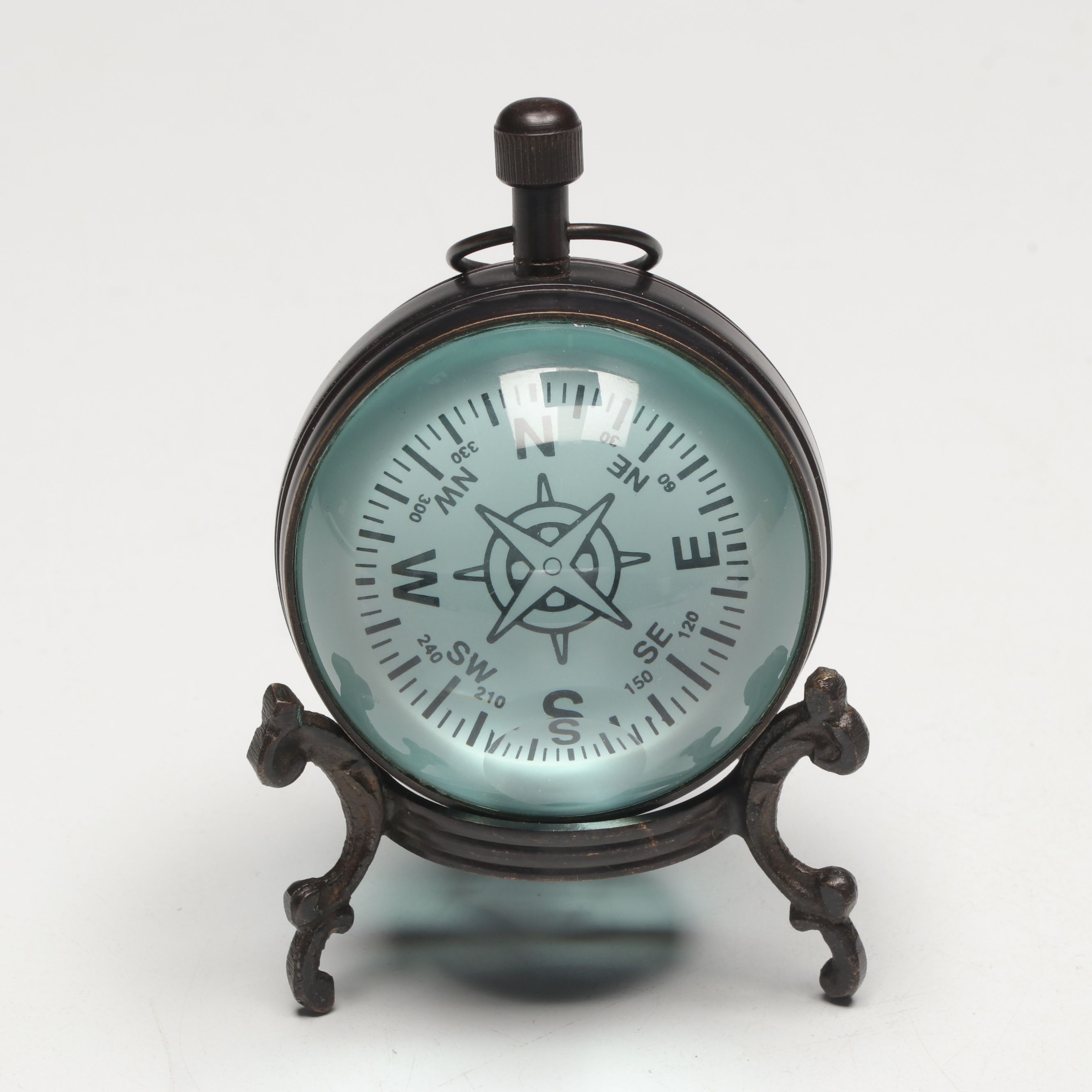 Maitland-Smith Verdigris Finish Cast Metal Mantel Clock and Compass Design Clock