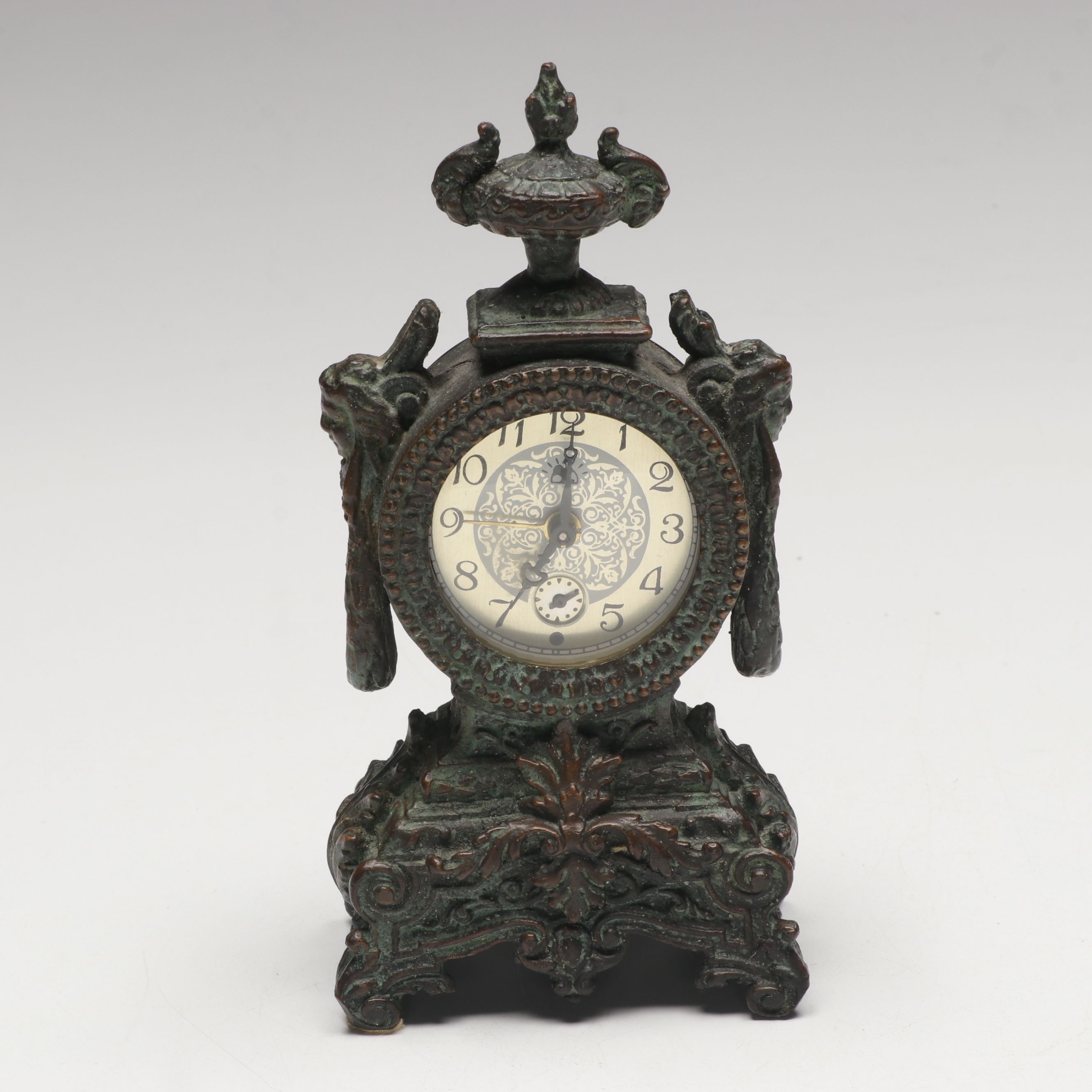 Maitland-Smith Verdigris Finish Cast Metal Mantel Clock and Compass Design Clock