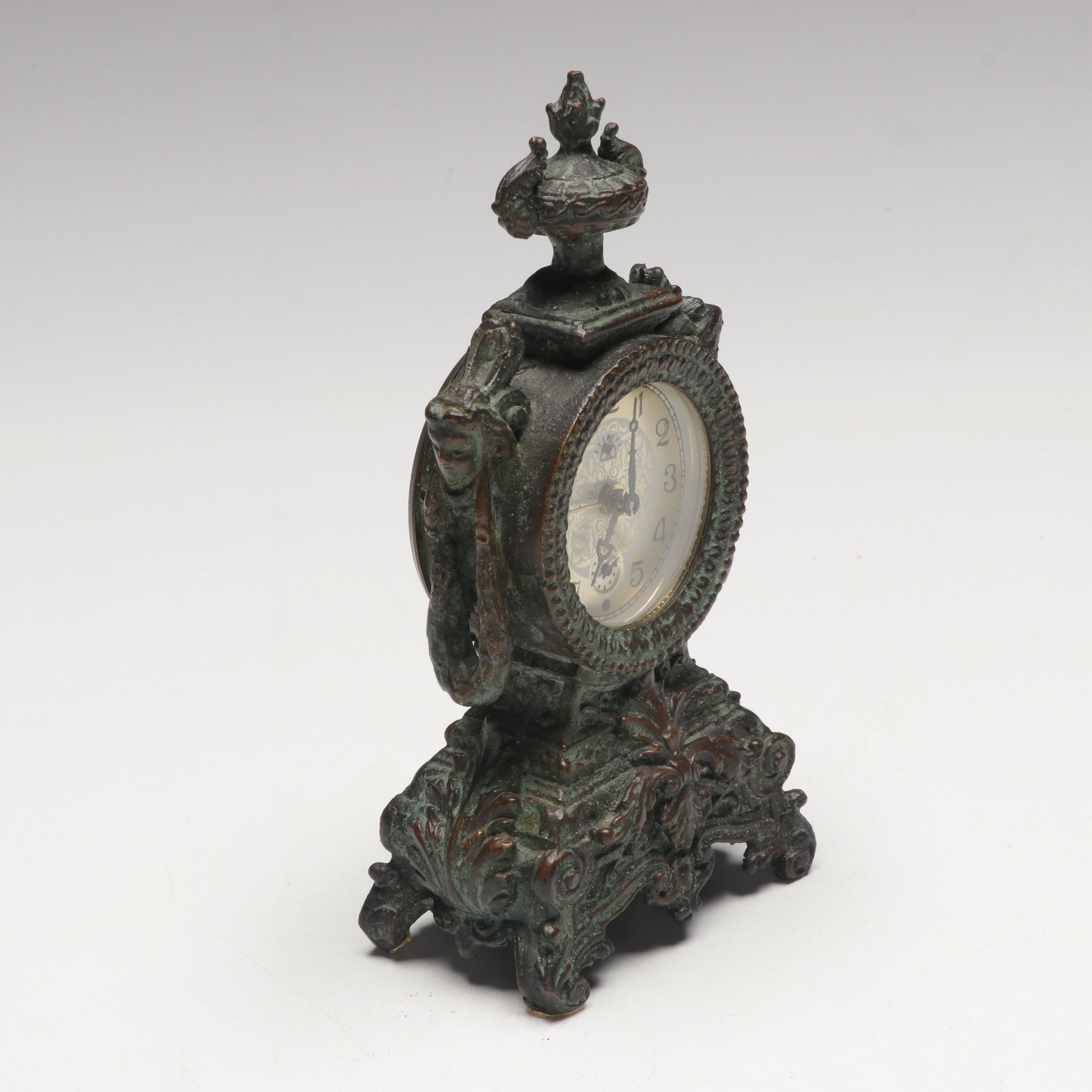 Maitland-Smith Verdigris Finish Cast Metal Mantel Clock and Compass Design Clock