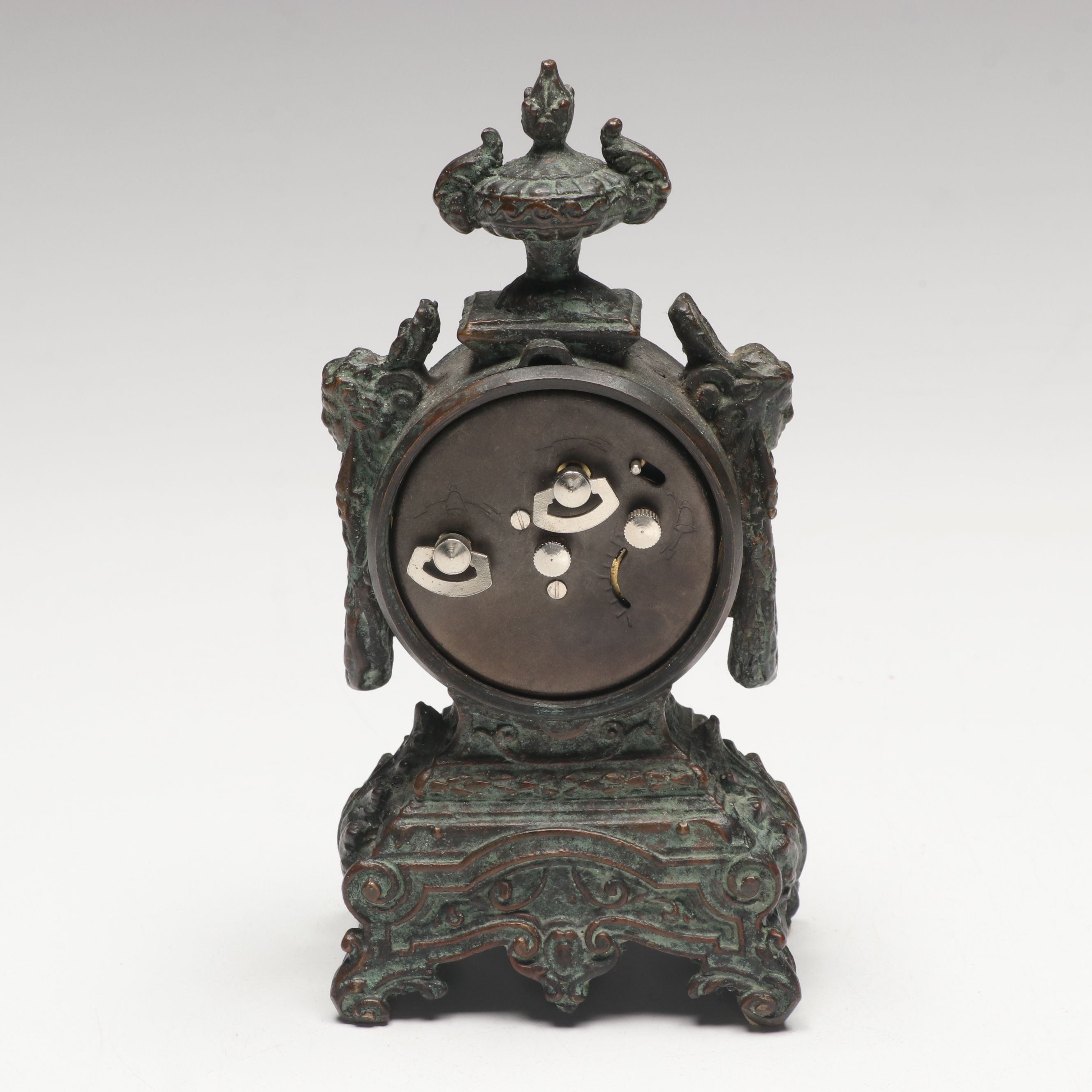 Maitland-Smith Verdigris Finish Cast Metal Mantel Clock and Compass Design Clock