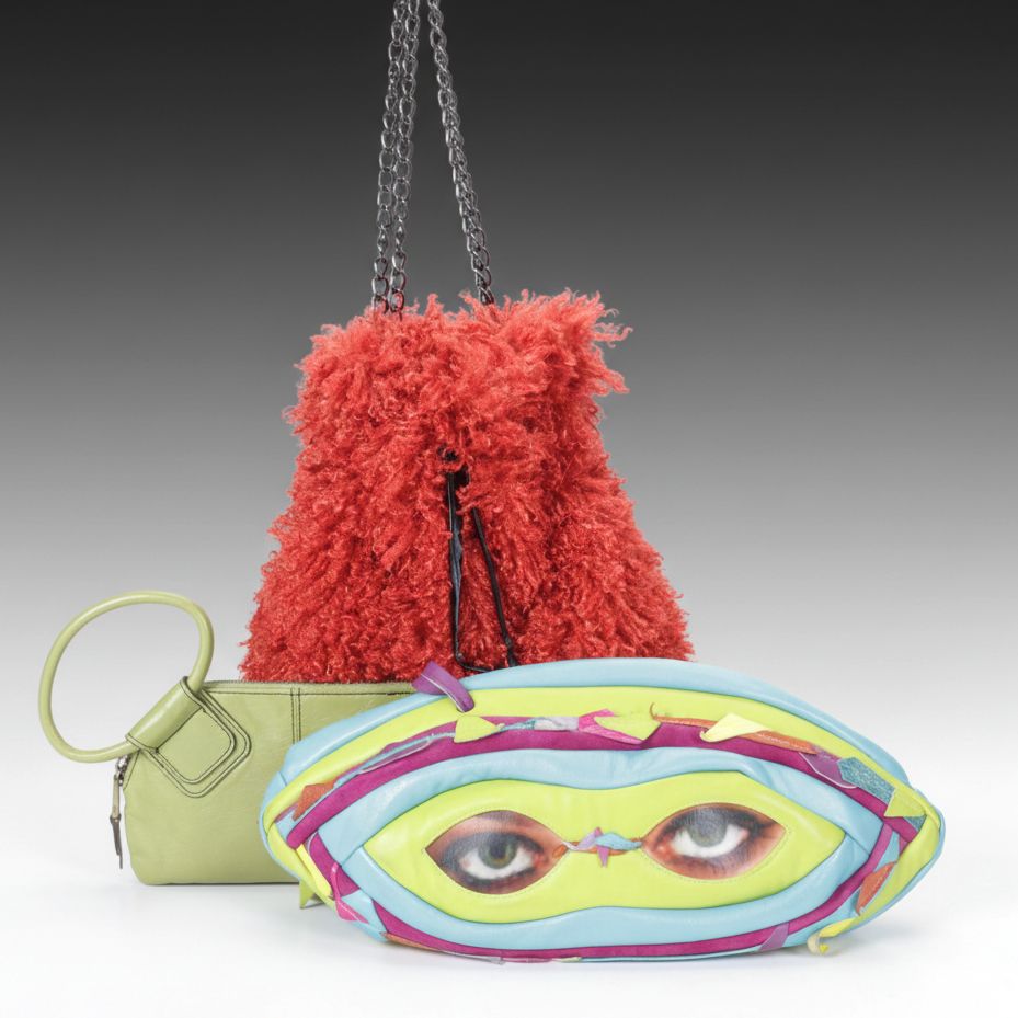 Carol Hearty "Eyes" Purse with Fuzzy Faux Fur Bucket Bag & Hobo Sable Wristlet