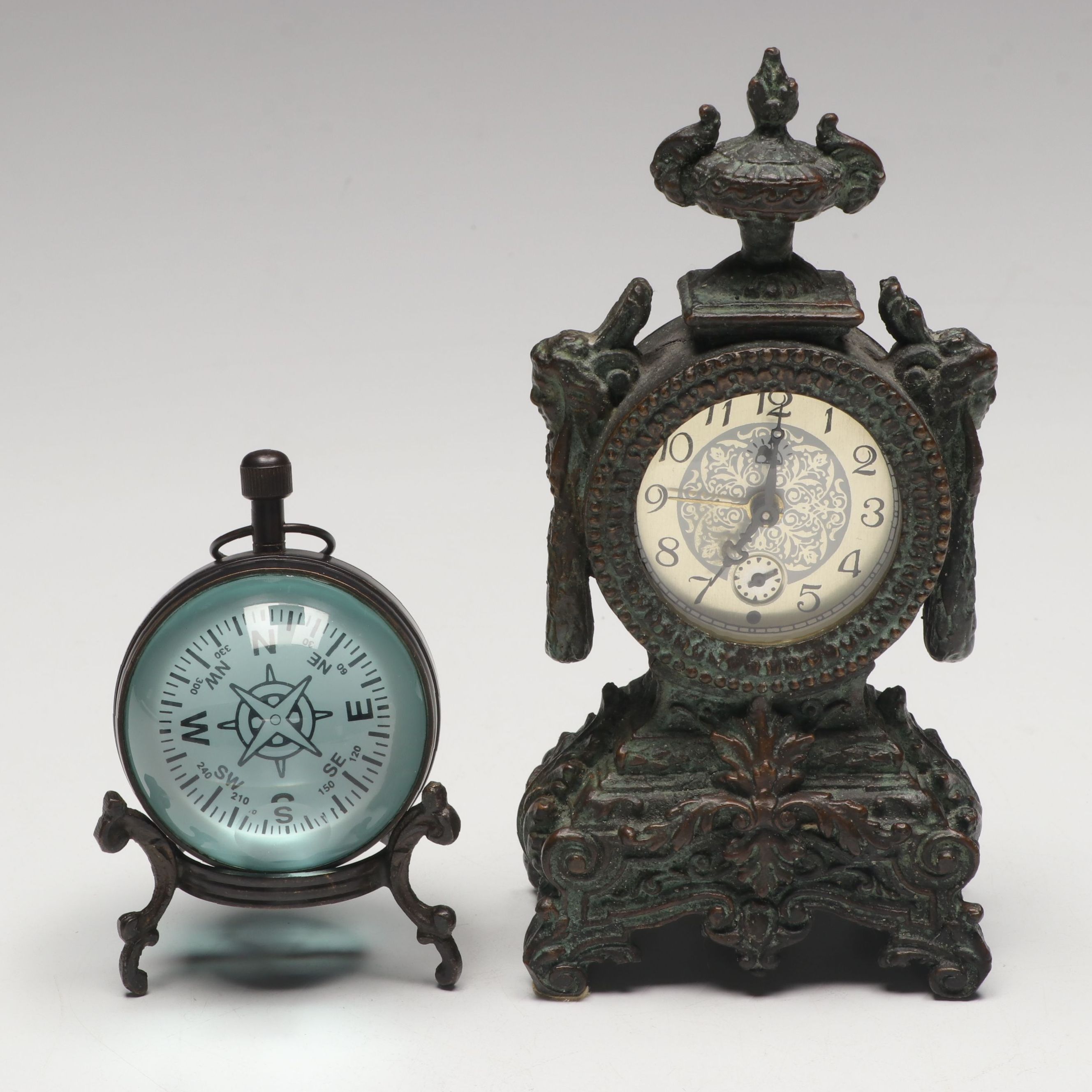 Maitland-Smith Verdigris Finish Cast Metal Mantel Clock and Compass Design Clock