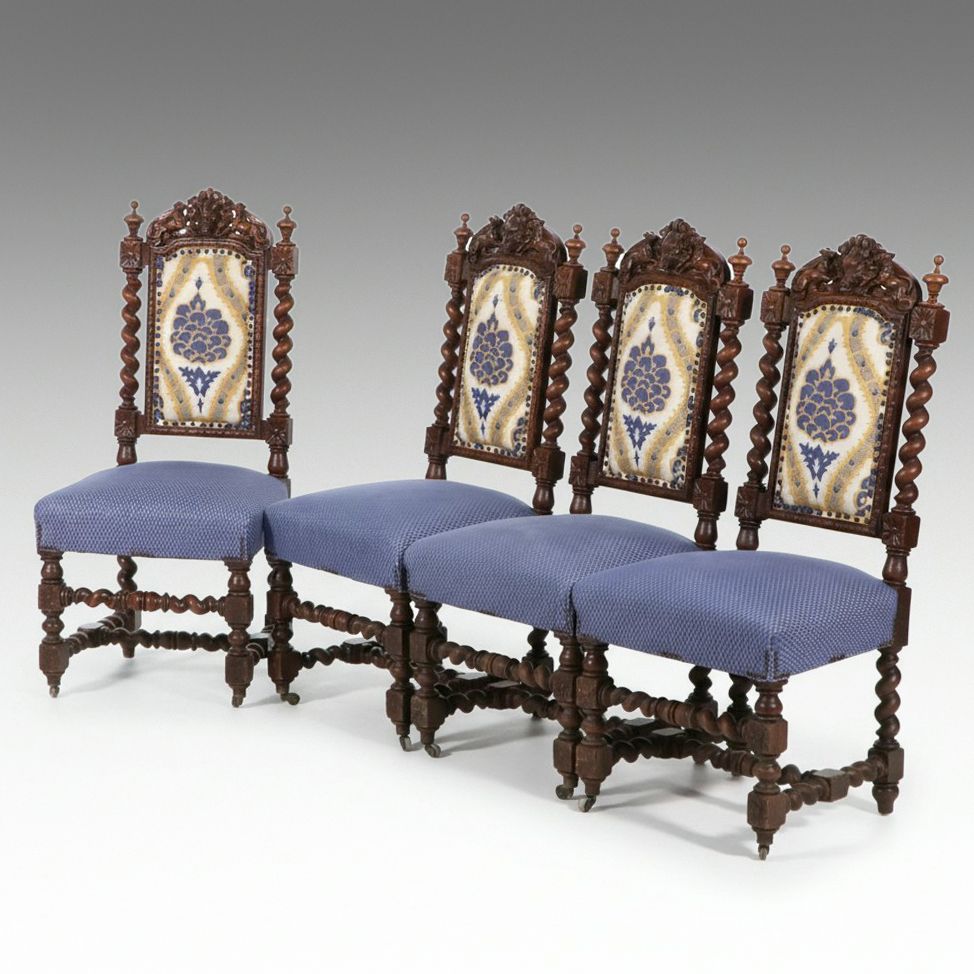 Set of Four Flemish Renaissance Revival Carved Oak Side Chairs