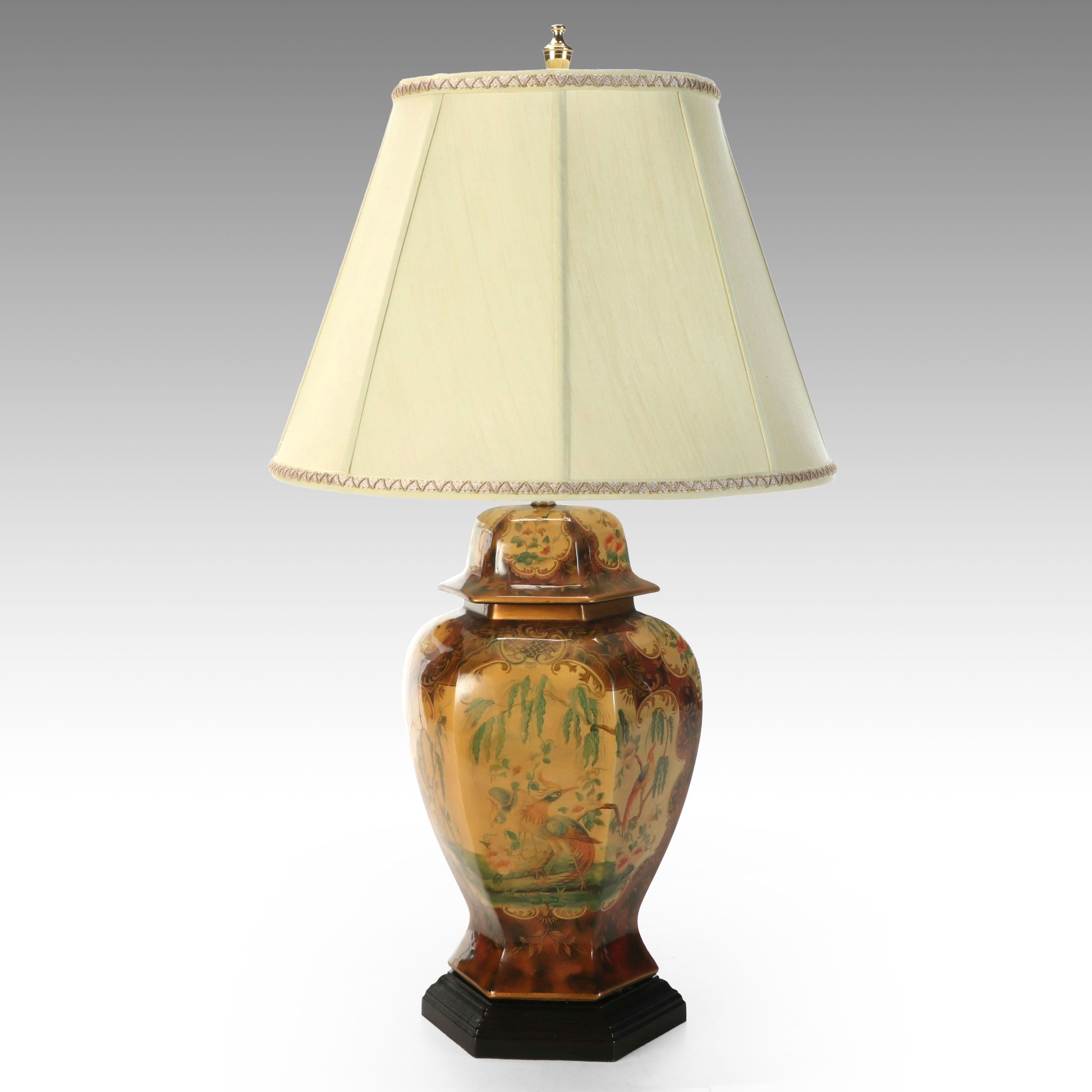 Chinoiserie Panel-Decorated Ginger Jar Table Lamp with Silk Shade