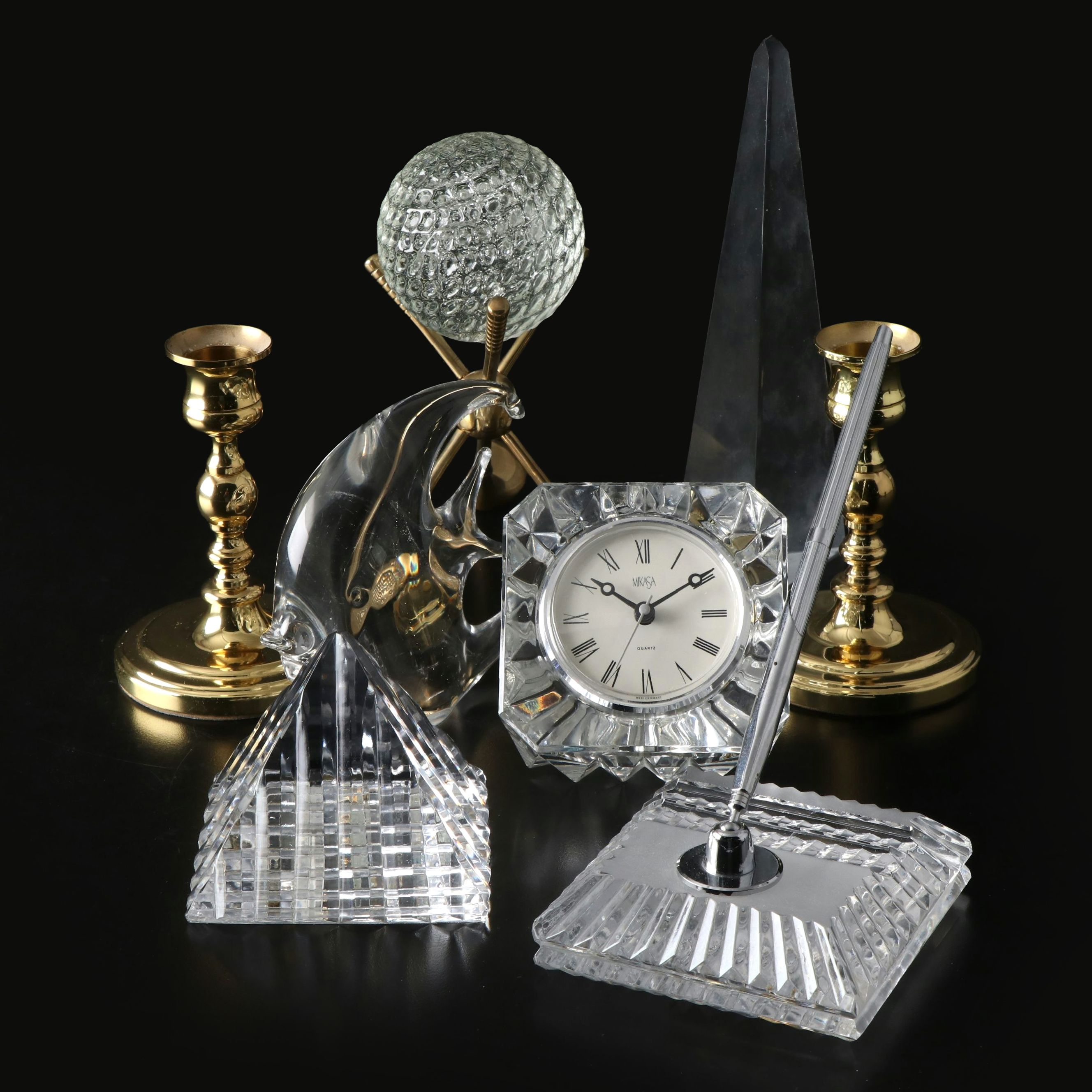 Mikasa Crystal Desk Clock with More Glass and Brass Office Accessories