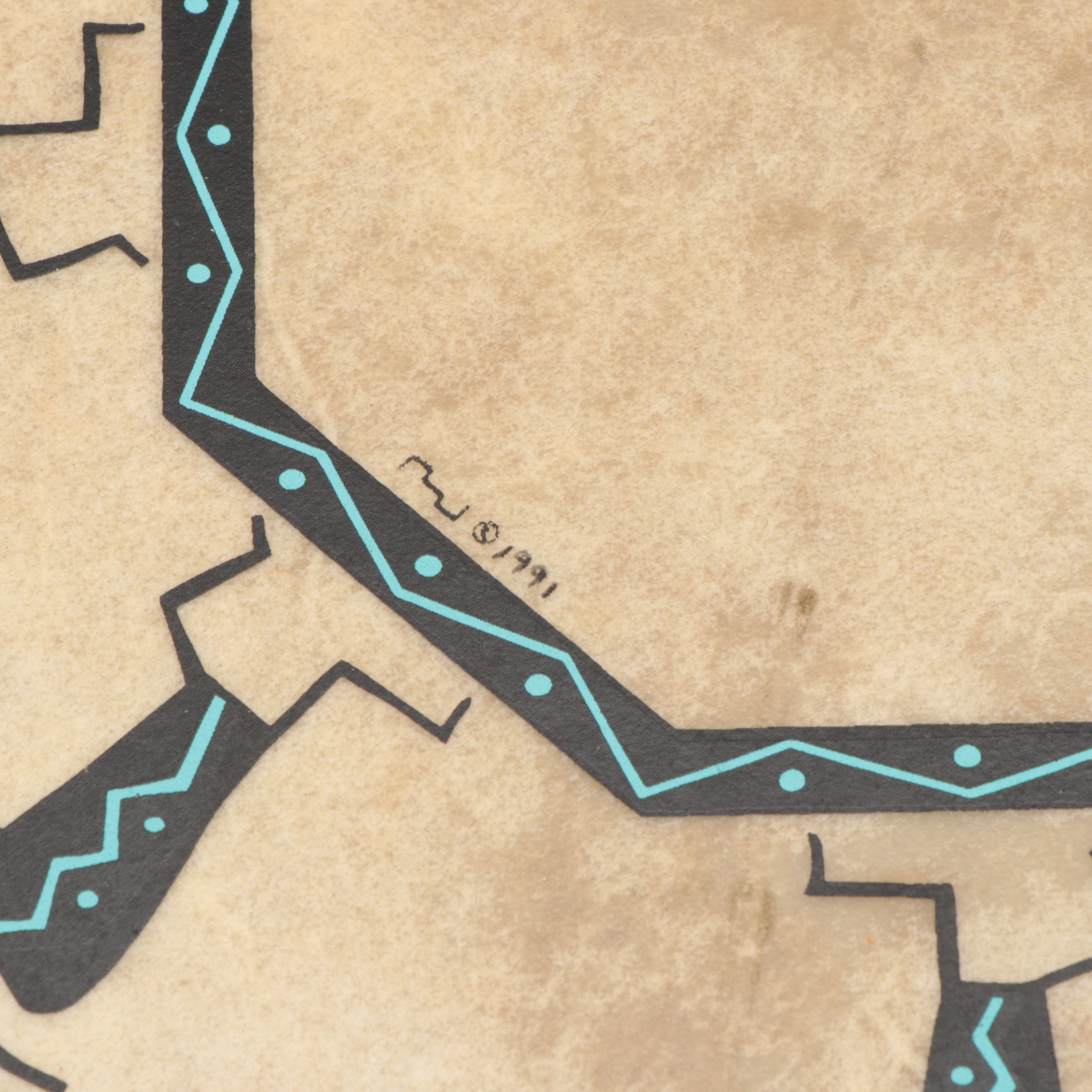 BJ Quintana "Kokopelli: The Joybringer" Hand-Painted Hide Drum, 1991