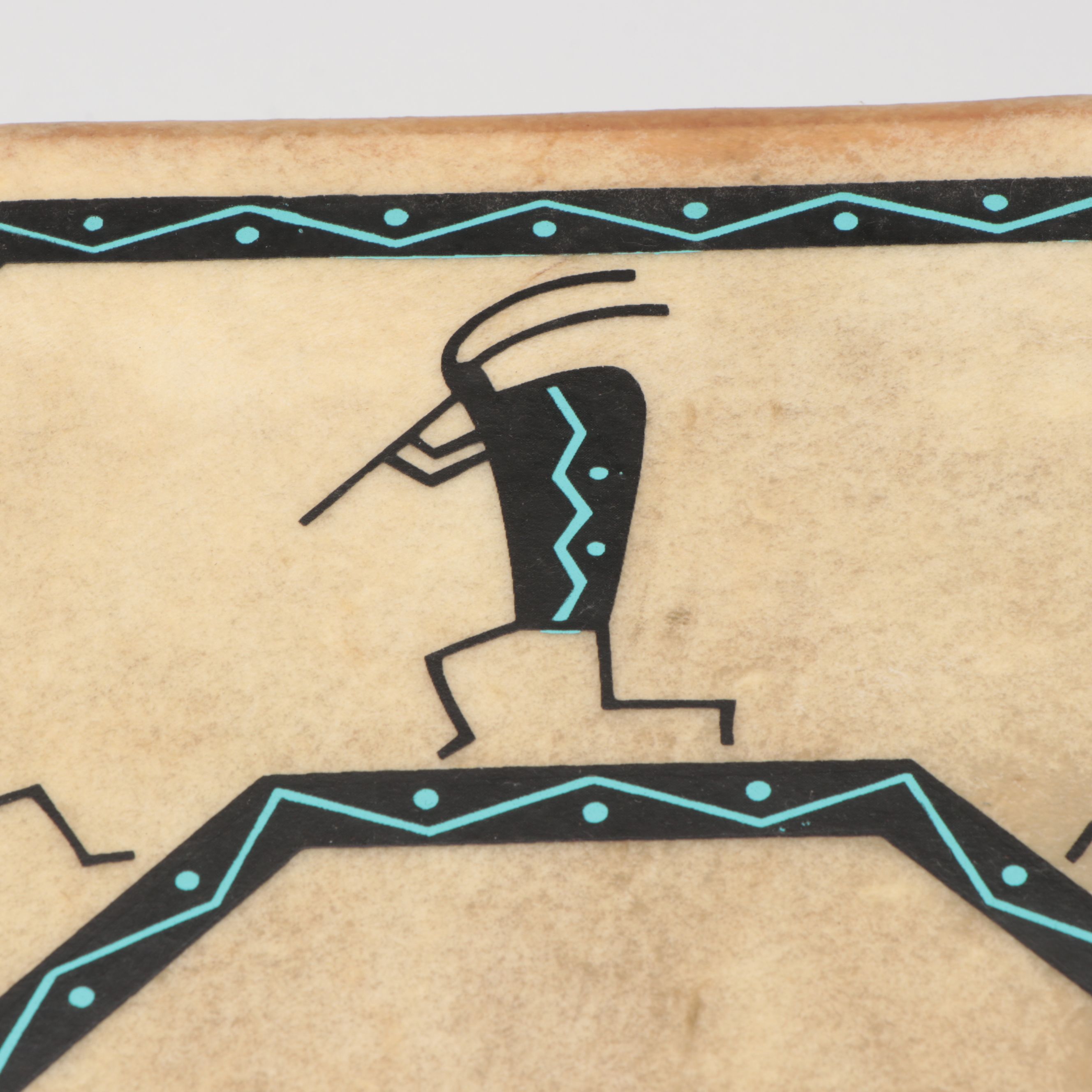 BJ Quintana "Kokopelli: The Joybringer" Hand-Painted Hide Drum, 1991