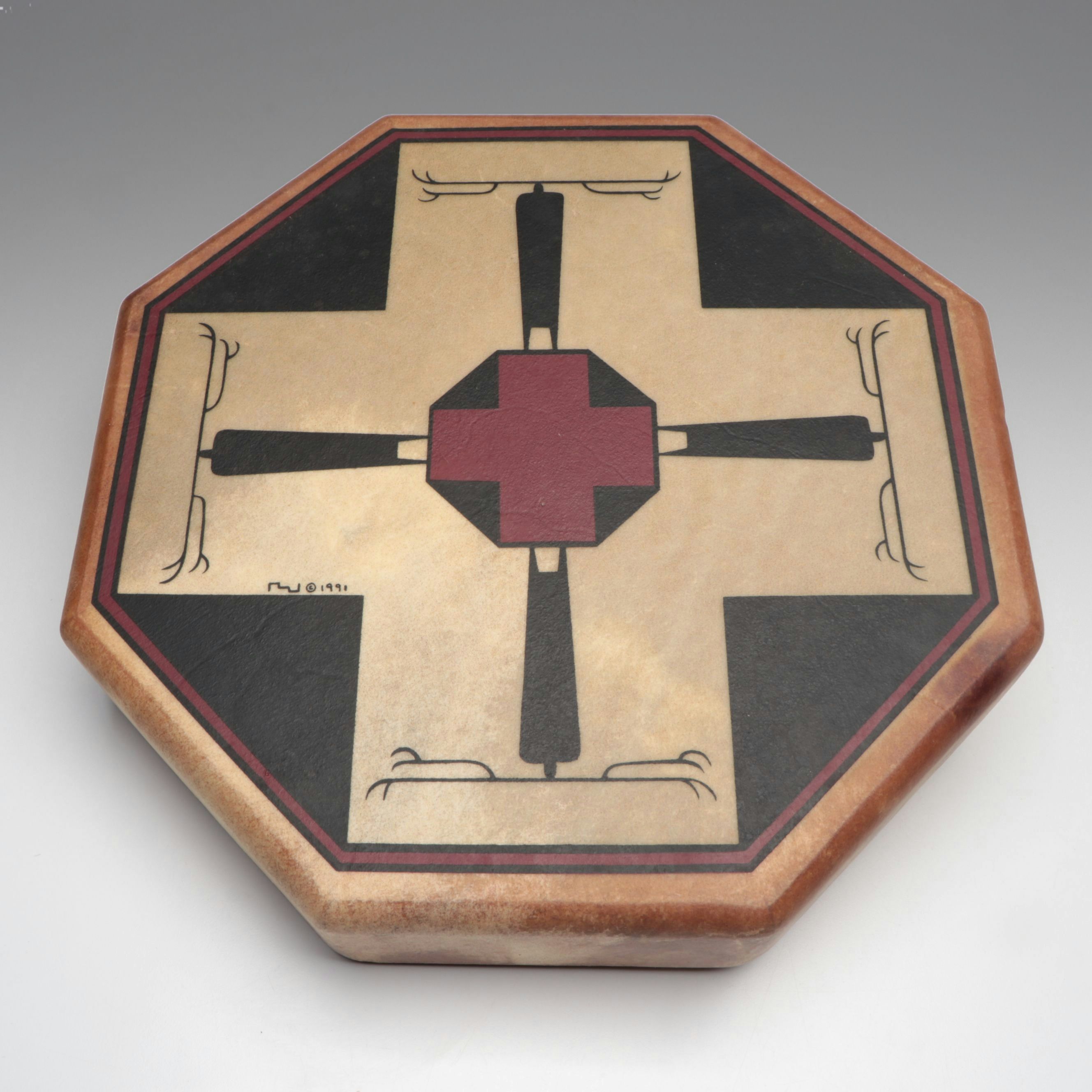 BJ Quintana "The Deer Dance Drum" Hand-Painted Hide Drum, 1991