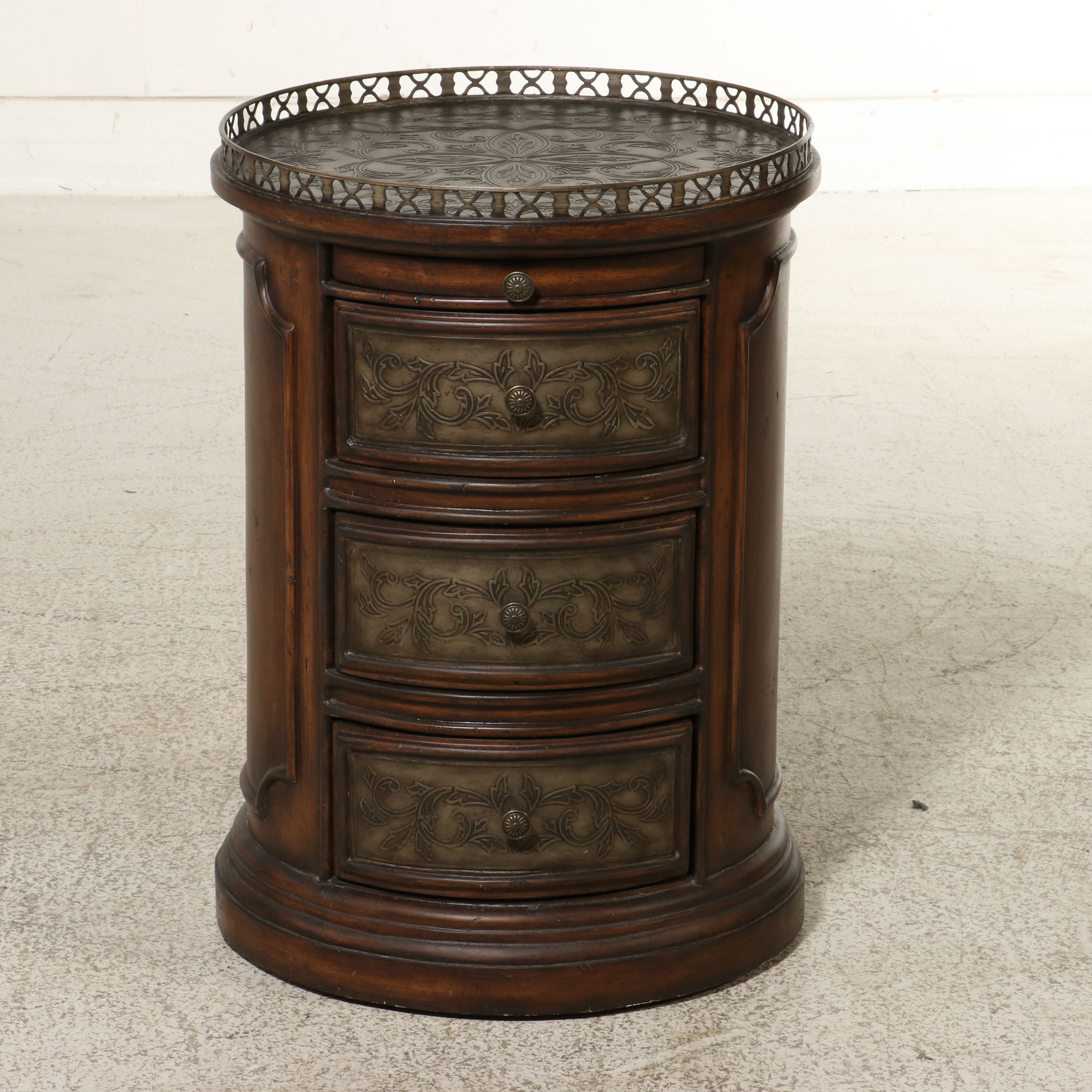 Regency Style Round Three-Drawer Commode with Fretwork Gallery