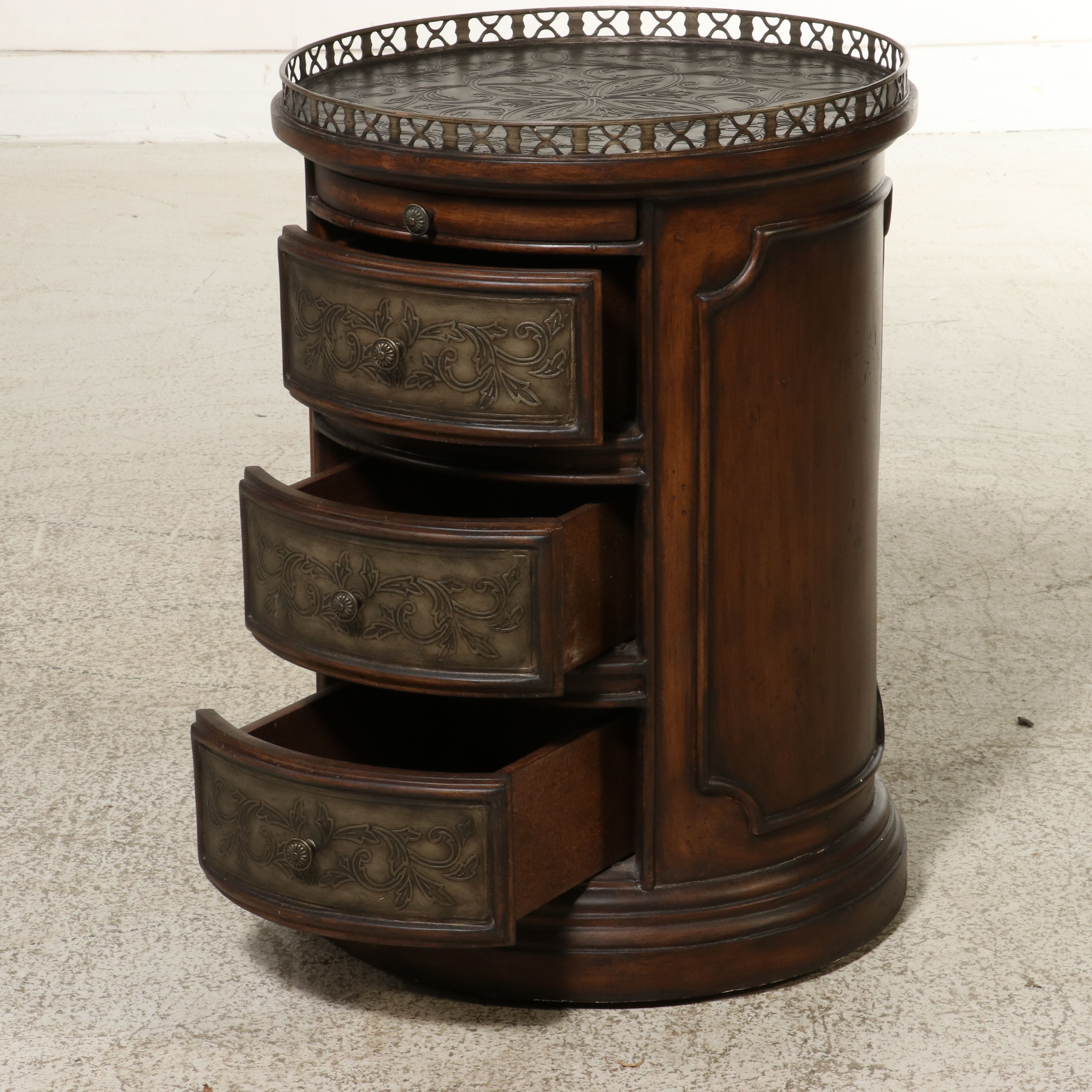 Regency Style Round Three-Drawer Commode with Fretwork Gallery