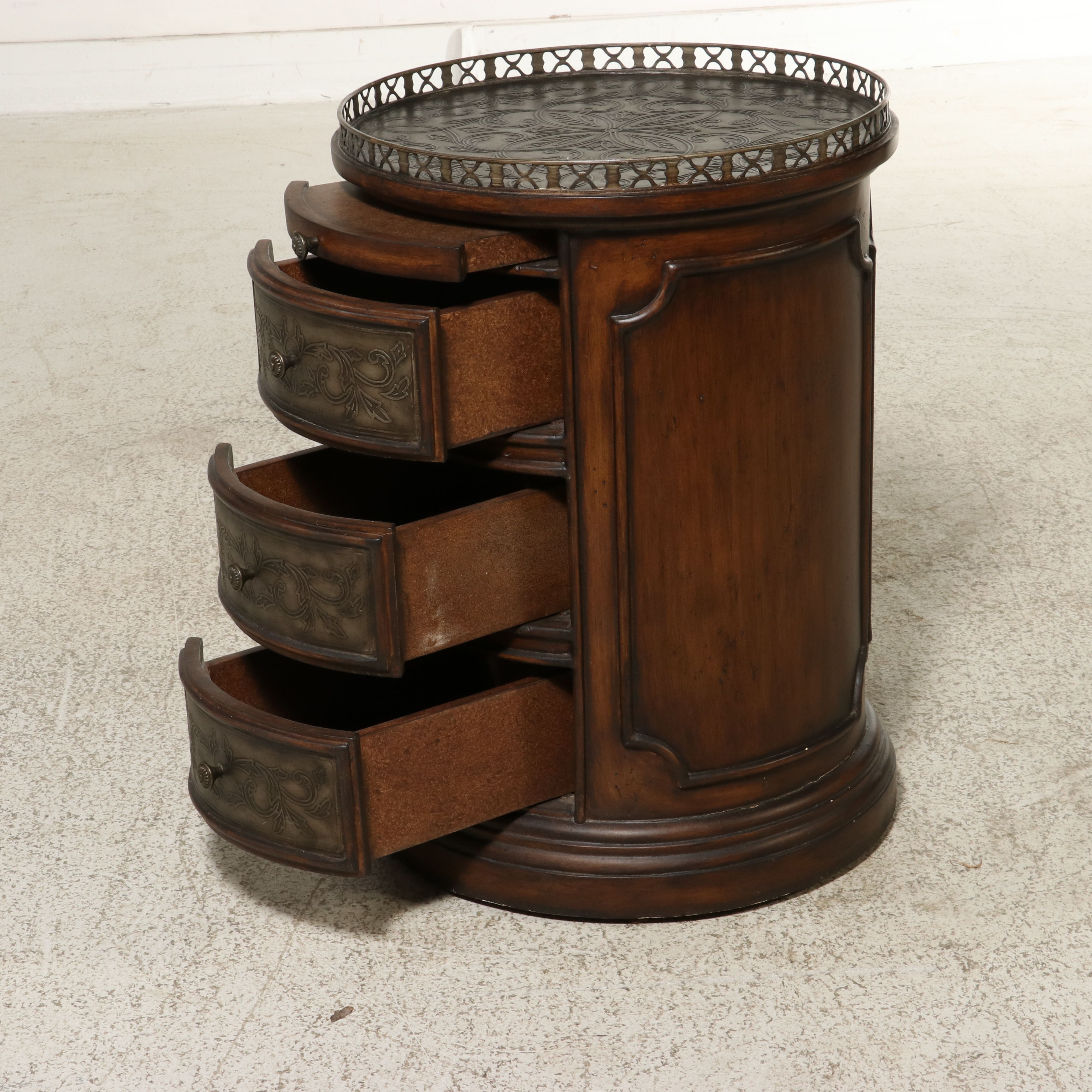 Regency Style Round Three-Drawer Commode with Fretwork Gallery