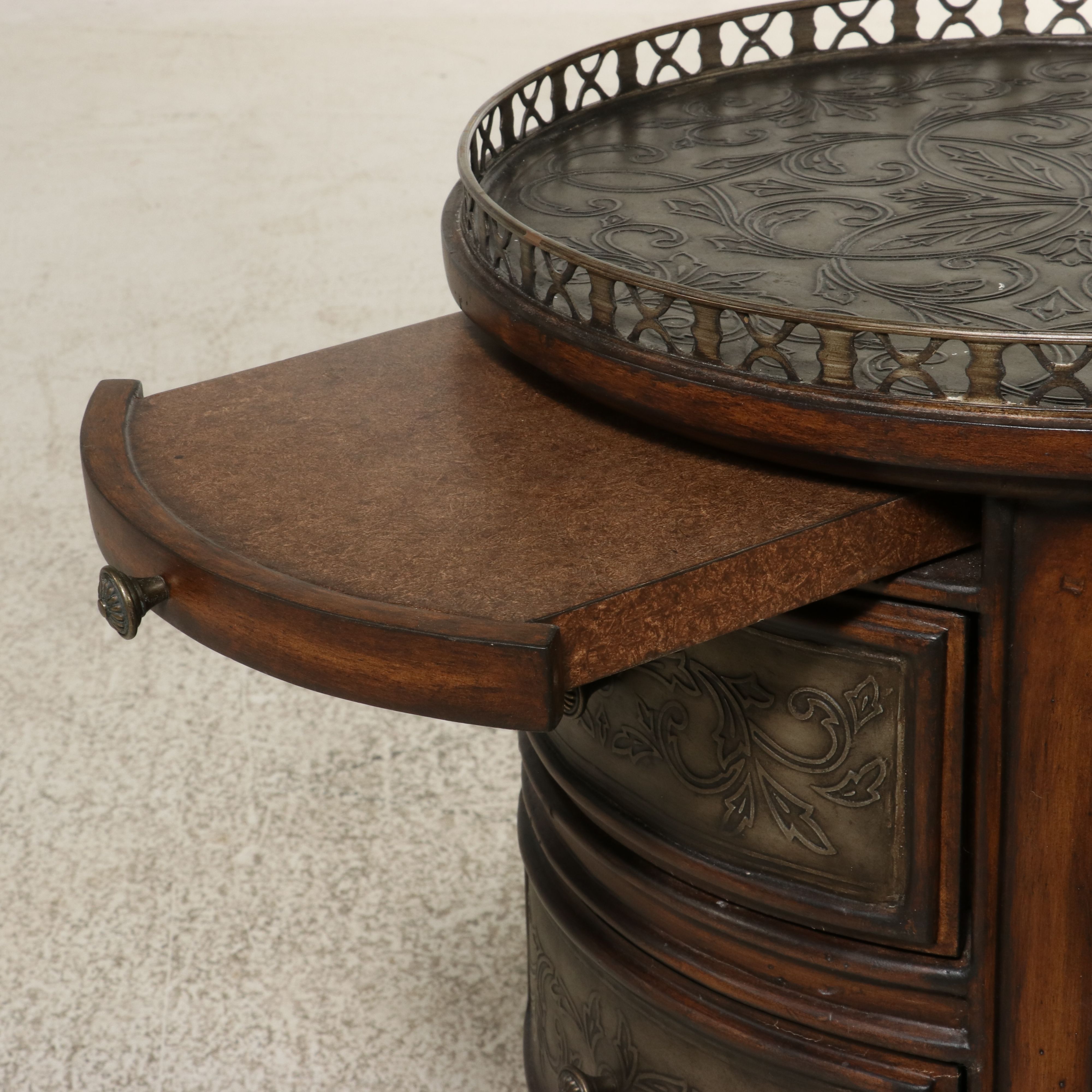 Regency Style Round Three-Drawer Commode with Fretwork Gallery
