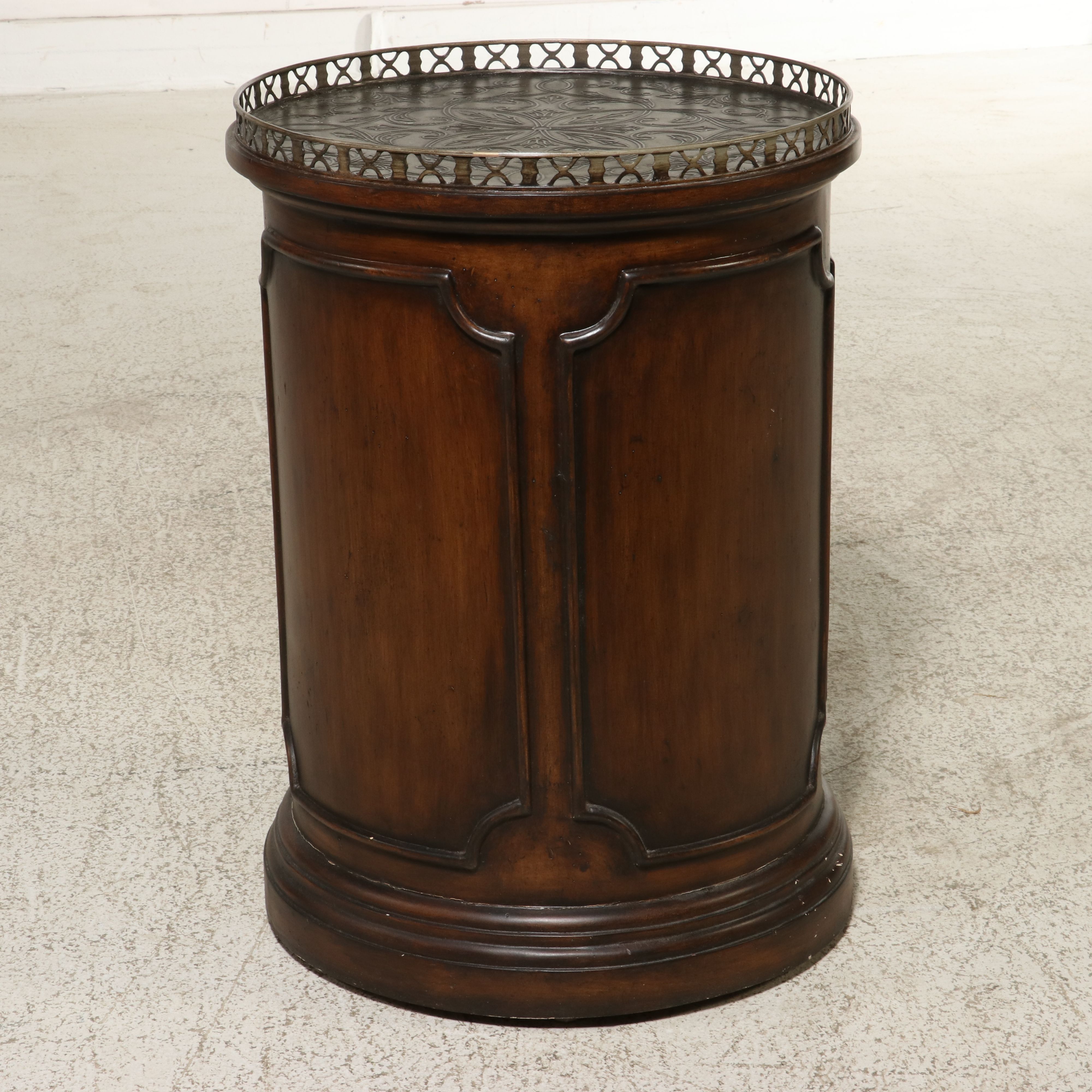 Regency Style Round Three-Drawer Commode with Fretwork Gallery