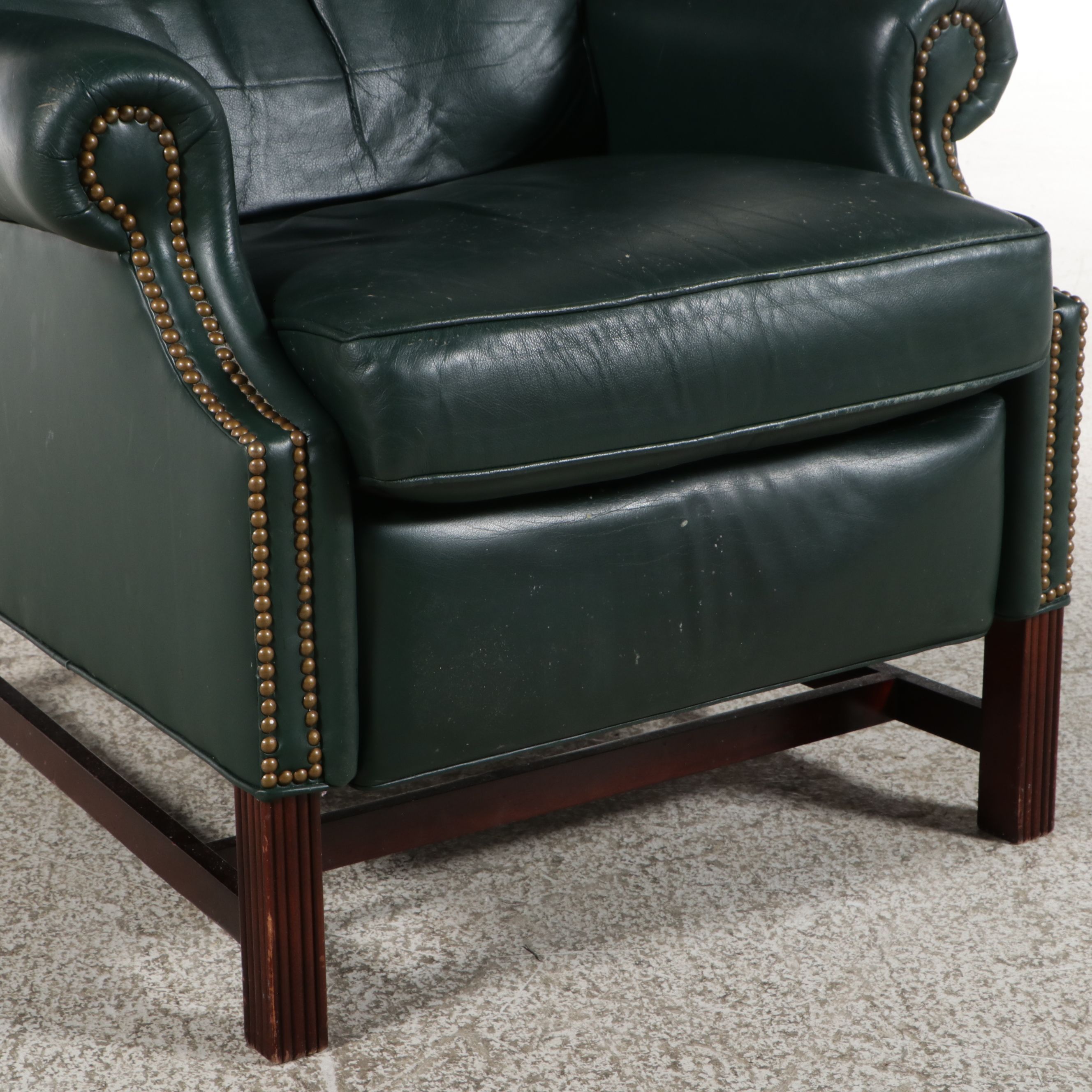 Chippendale Style Green Leather Wingback Recliner, Late 20th Century