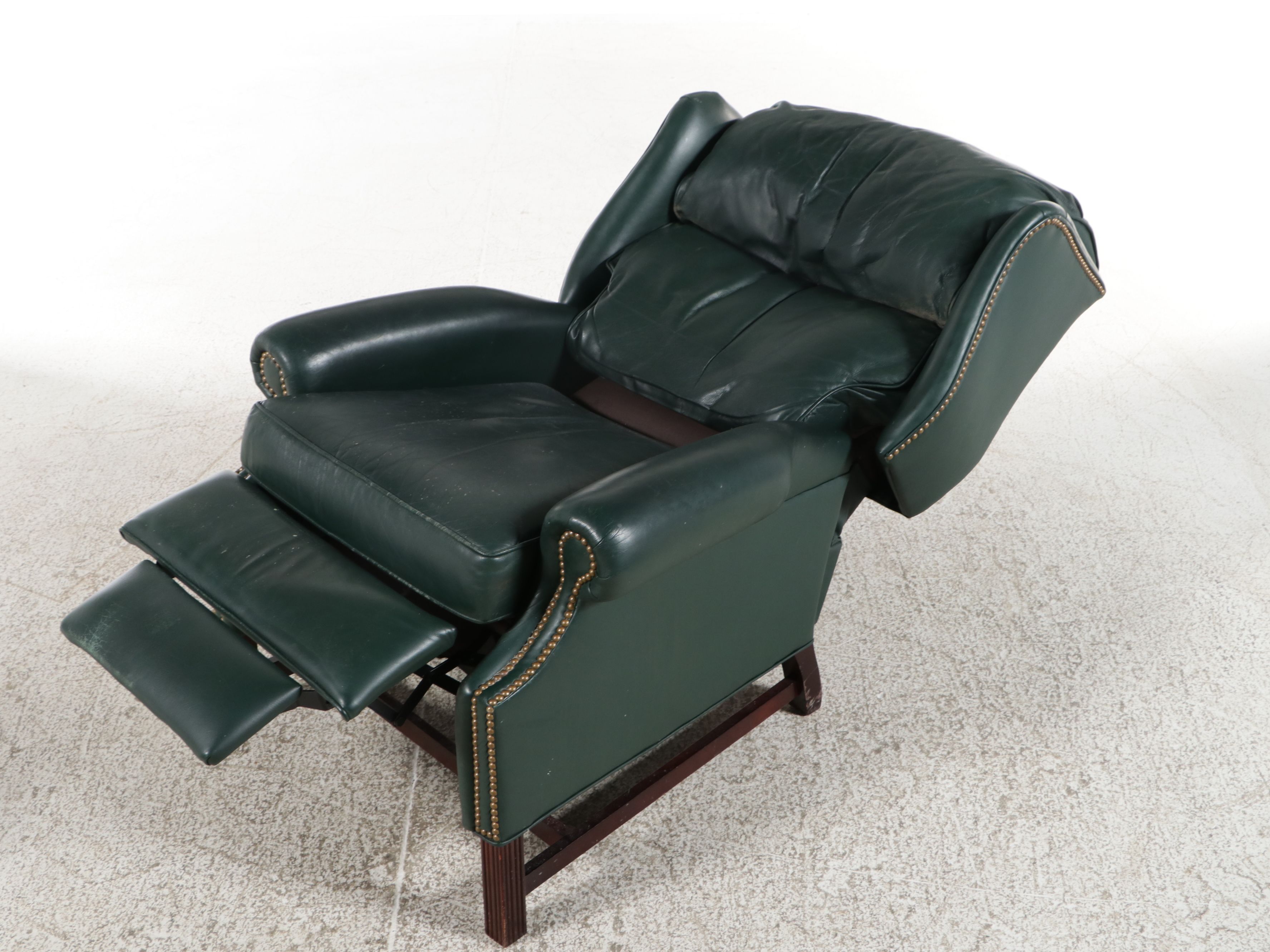 Chippendale Style Green Leather Wingback Recliner, Late 20th Century