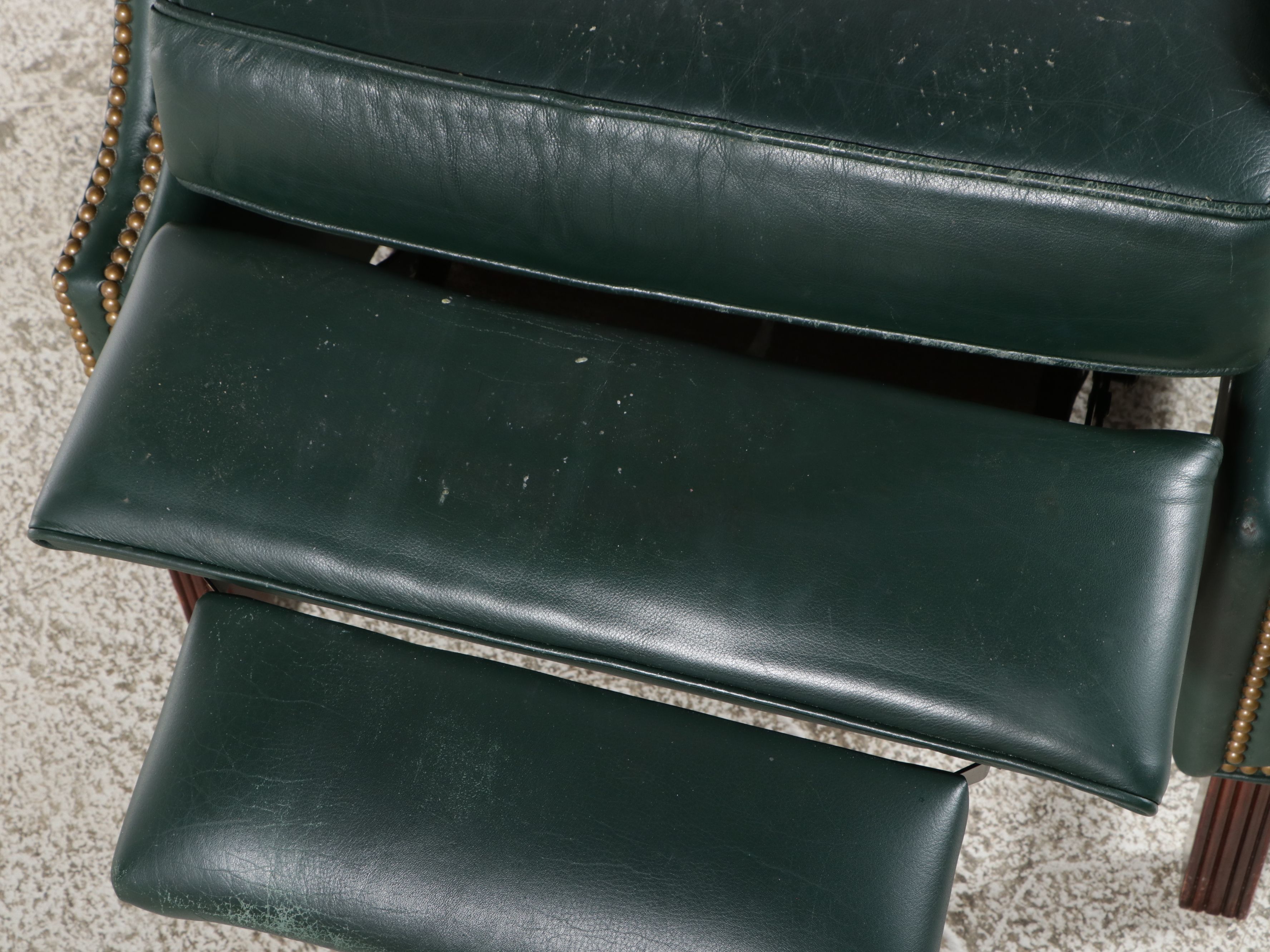 Chippendale Style Green Leather Wingback Recliner, Late 20th Century
