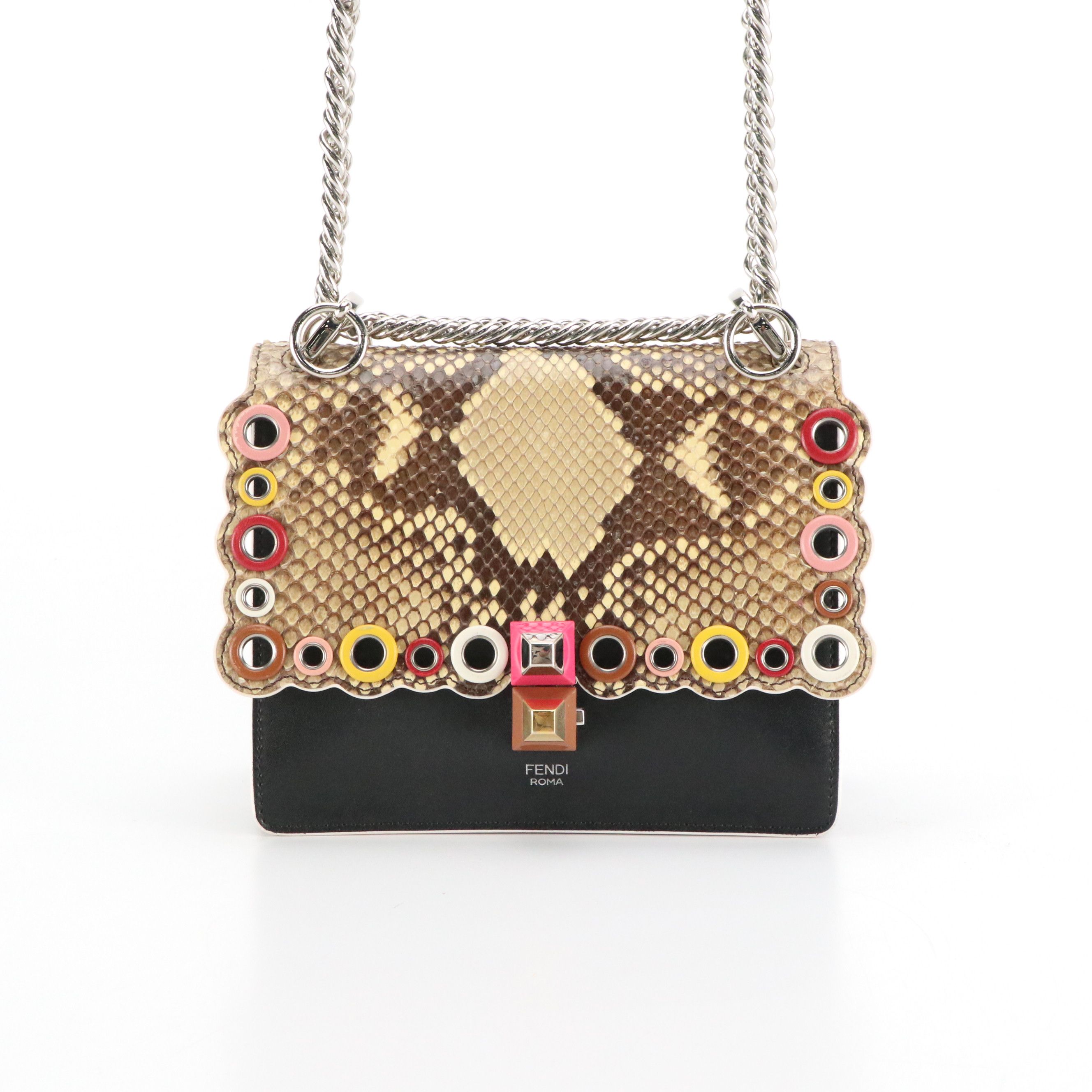 Fendi Kan I Chain Shoulder Bag in Black Calfskin and Scalloped Snakeskin Flap