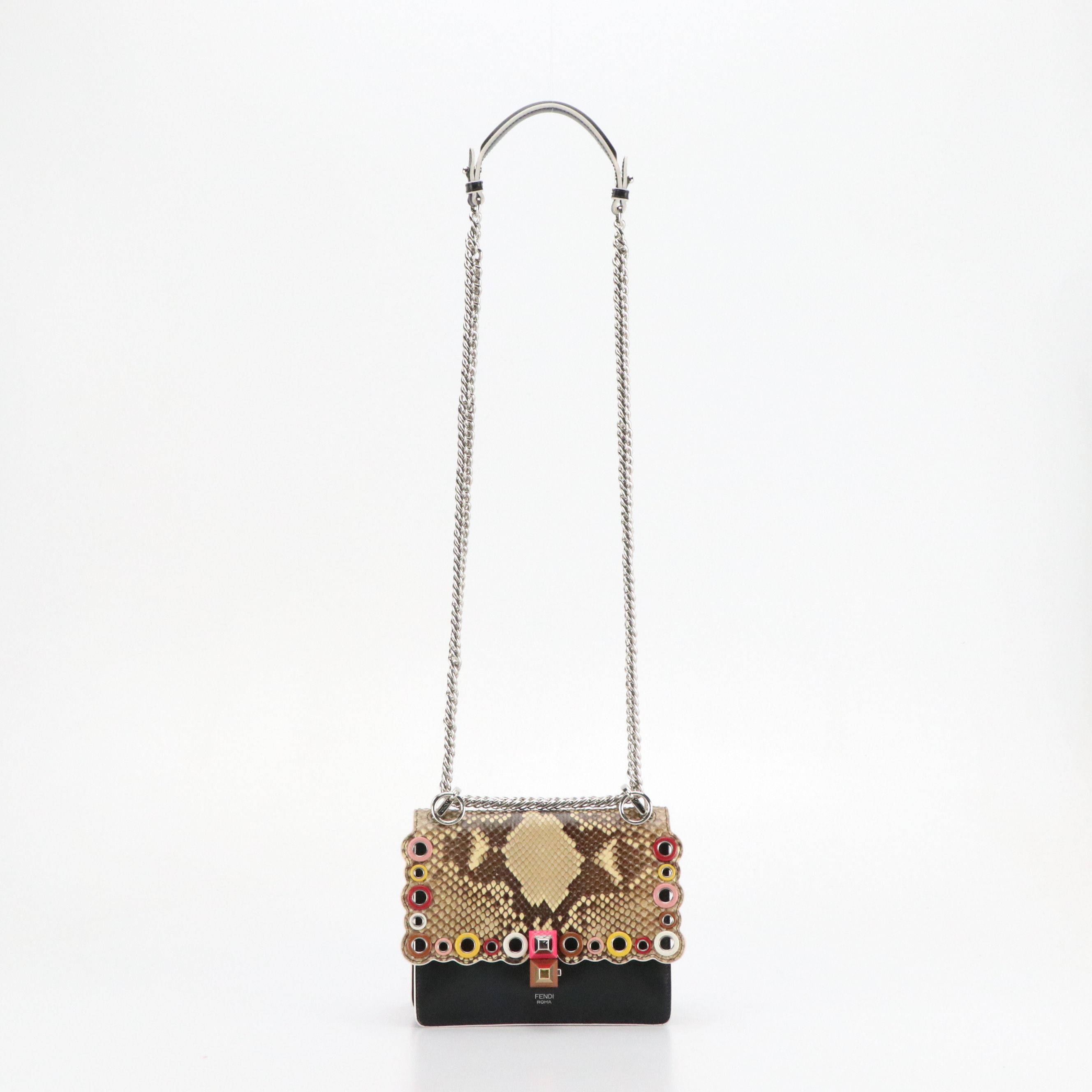 Fendi Kan I Chain Shoulder Bag in Black Calfskin and Scalloped Snakeskin Flap