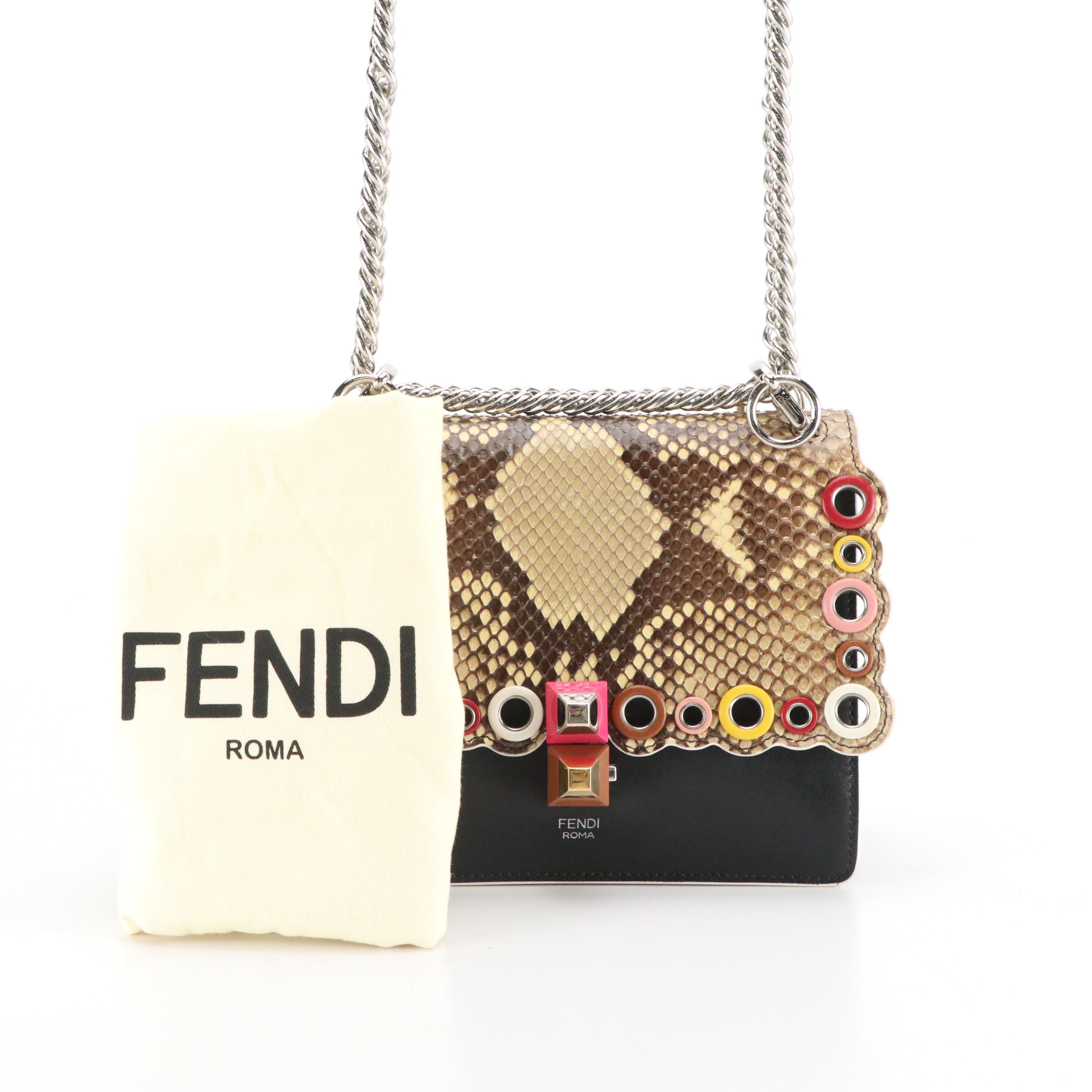 Fendi Kan I Chain Shoulder Bag in Black Calfskin and Scalloped Snakeskin Flap