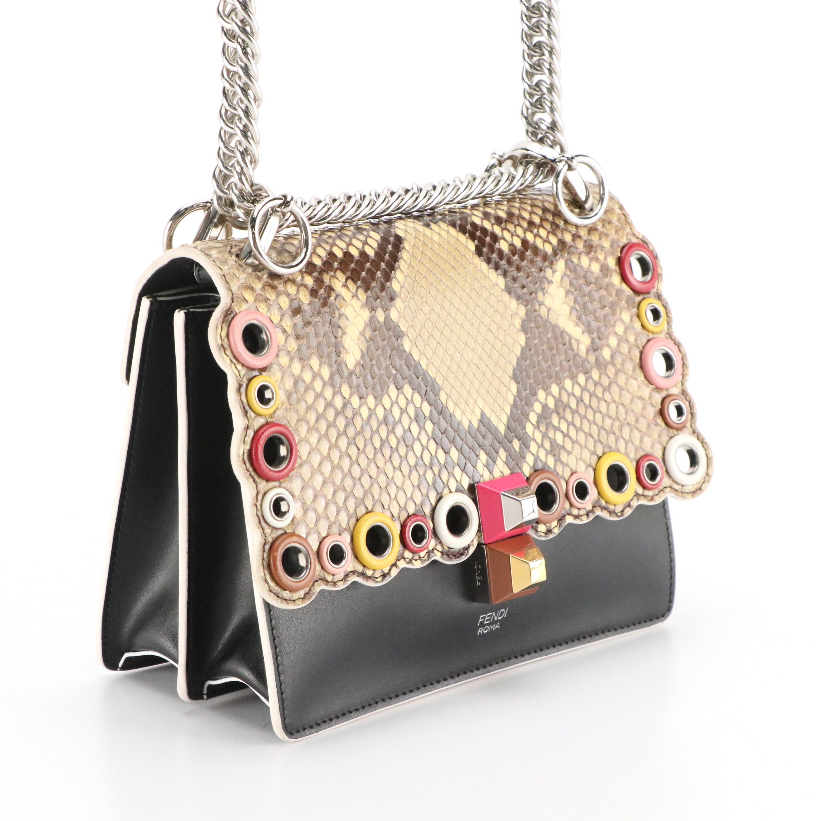 Fendi Kan I Chain Shoulder Bag in Black Calfskin and Scalloped Snakeskin Flap