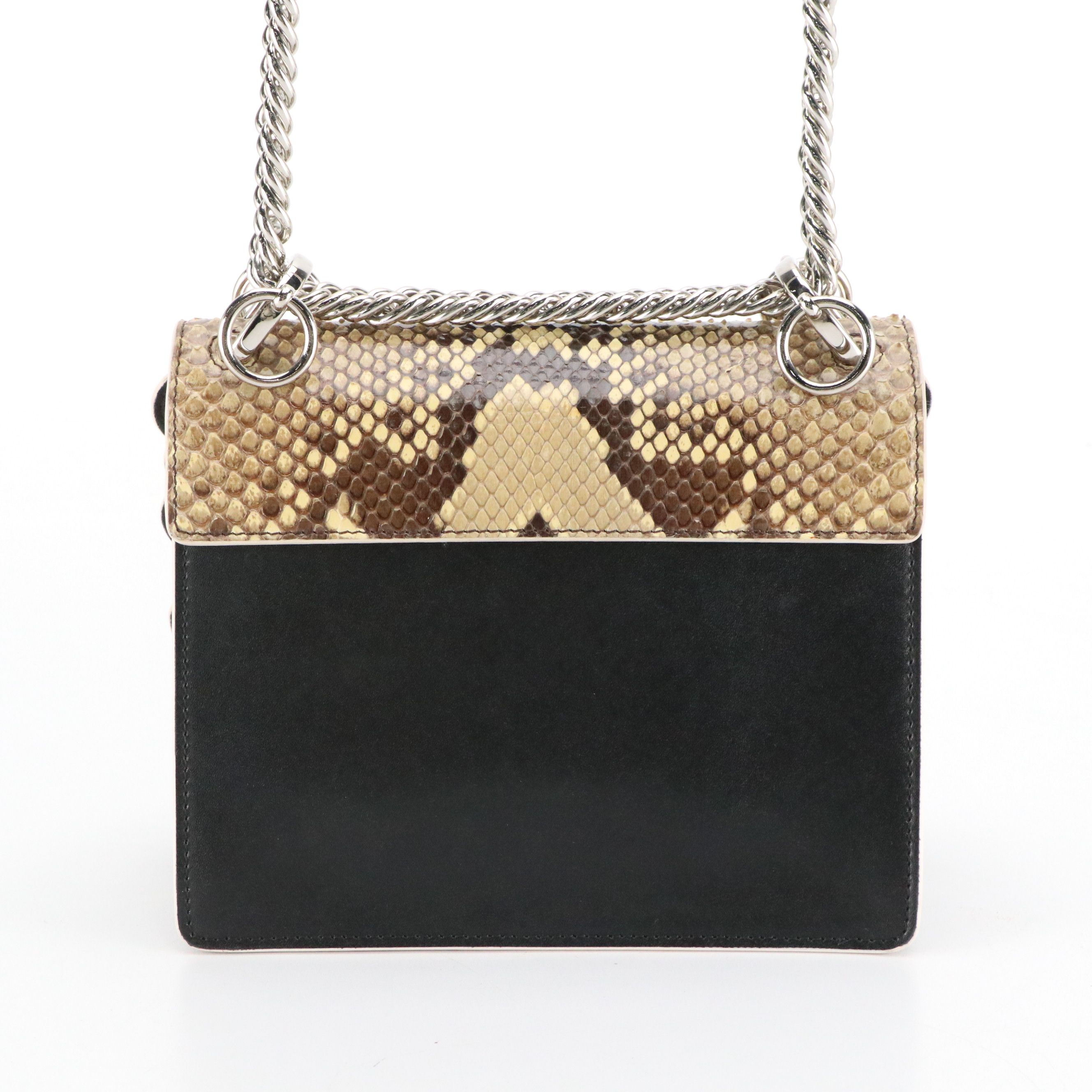 Fendi Kan I Chain Shoulder Bag in Black Calfskin and Scalloped Snakeskin Flap