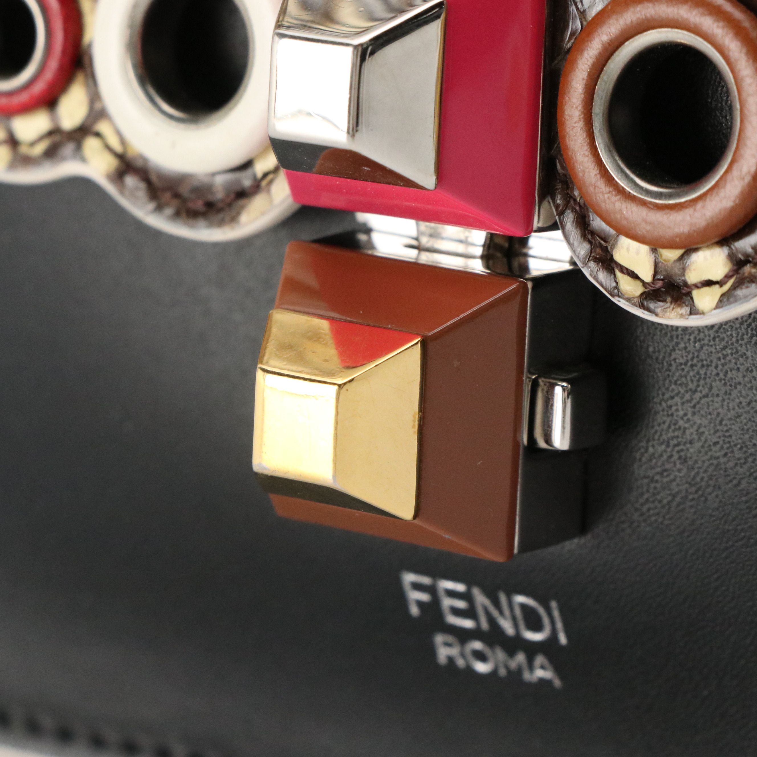 Fendi Kan I Chain Shoulder Bag in Black Calfskin and Scalloped Snakeskin Flap